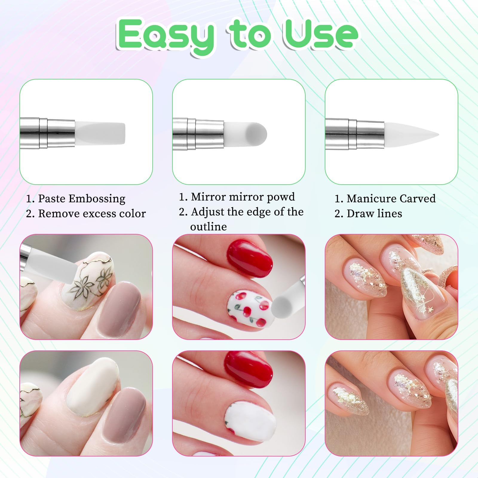 3 bolígrafos de escultura para arte de uñas, herramientas de uñas de silicona de doble punta, cabeza de silicona, pinceles de arte de uñas con mango acrílico, bolígrafo de tallado de esmalte de uñas | Silicone Head Acrylic Handle Nail Art Brushes, Rhinest