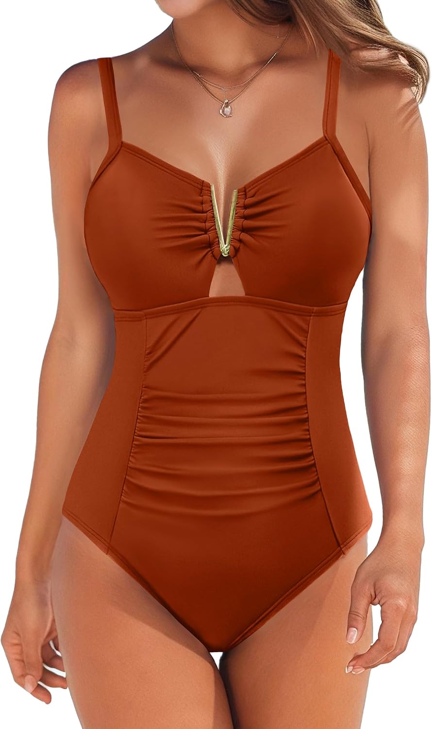 AI'MAGE Traje de baño de una pieza con control de abdomen para mujer, con cuello en V