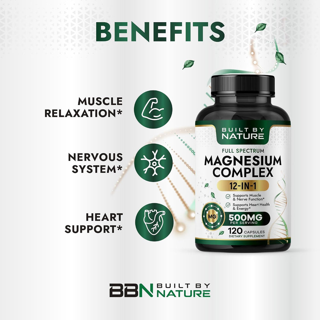 Built By Nature Complejo de magnesio de 500 mg, 120 cápsulas 12 formas de magnesio, glicinato, citrato, malato, óxido, quelado para absorción, músculo, nervio, corazón y apoyo para dormir