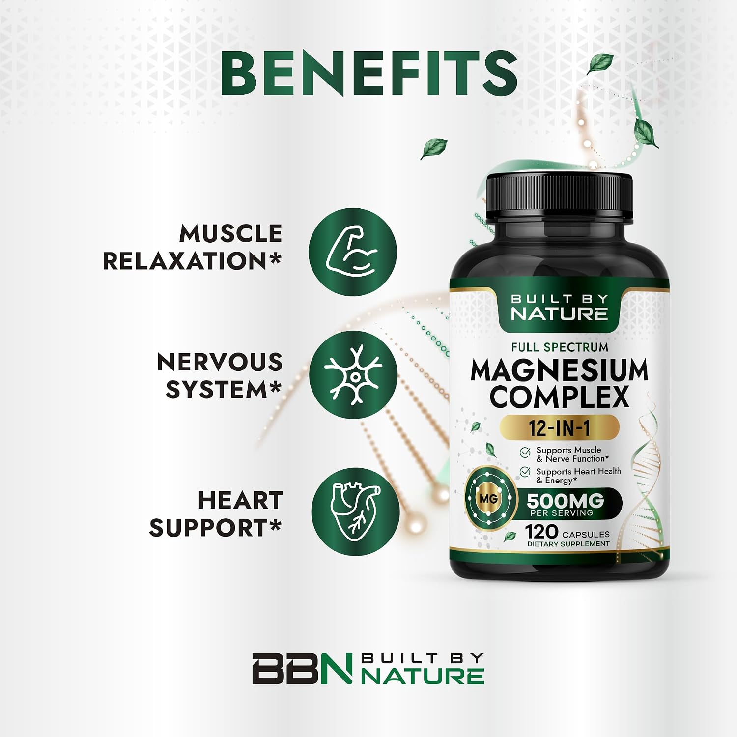 Built By Nature Complejo de magnesio de 500 mg, 120 cápsulas 12 formas de magnesio, glicinato, citrato, malato, óxido, quelado para absorción, músculo, nervio, corazón y apoyo para dormir