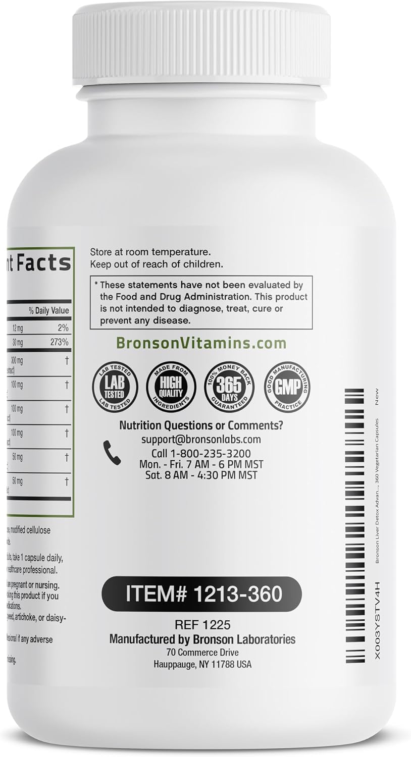 Bronson Desintoxicación Hepática Avanzada Fórmula de Limpieza y Descanso Apoya la Función Saludable del Hígado con Cardo Mariano, Raíz de Diente de León, Cúrcuma, Hoja de Alcachofa y Más, Sin GMO, 60 | Liver Health Support with Milk Thistle, Dandelion Ext