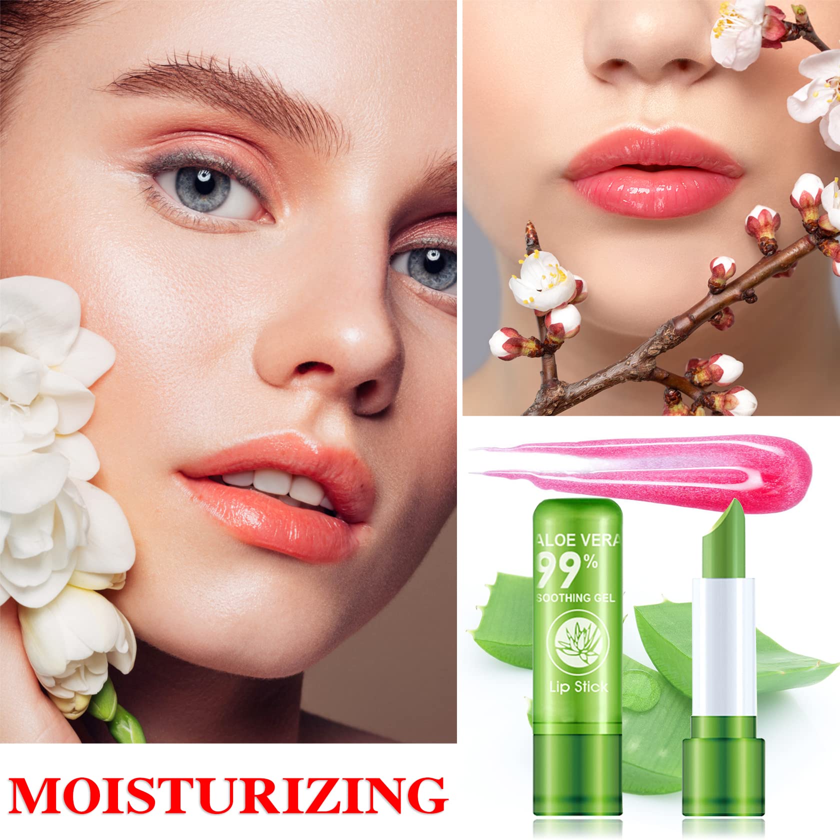 Labial de aloe vera, cuidado labial de larga duración, bálsamo labial nutritivo y voluminizador, brillo labial, cambio de color mágico con temperatura, 3 unidades
