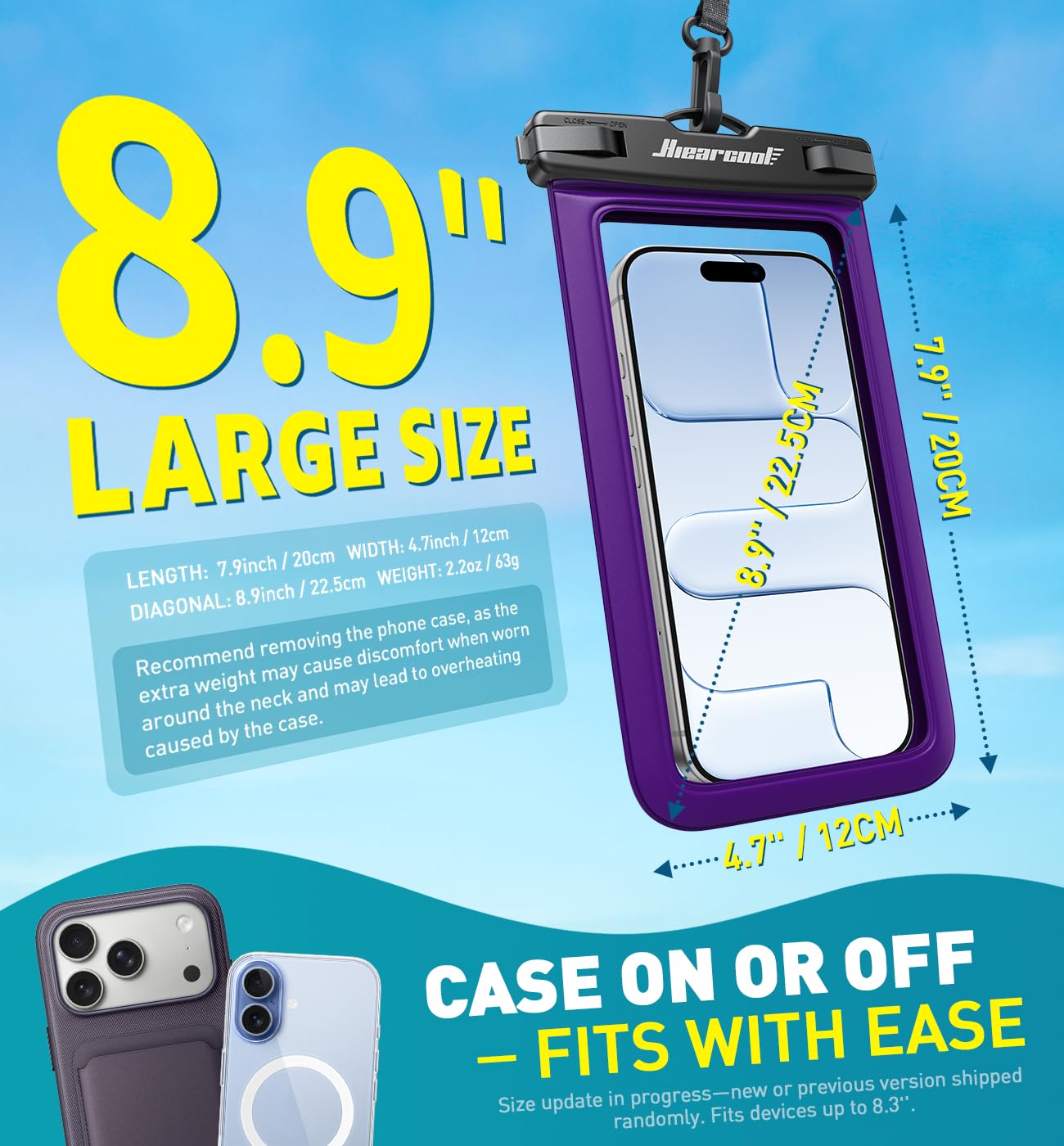 Hiearcool Funda impermeable IPX8 para iPhone 17/16/15/14 Pro Max, bolsa seca para teléfono celular para artículos esenciales de playa y crucero, pantalla táctil, cordón incluido, paquete de 2 (se adapta a hasta 8.9 pulgadas)