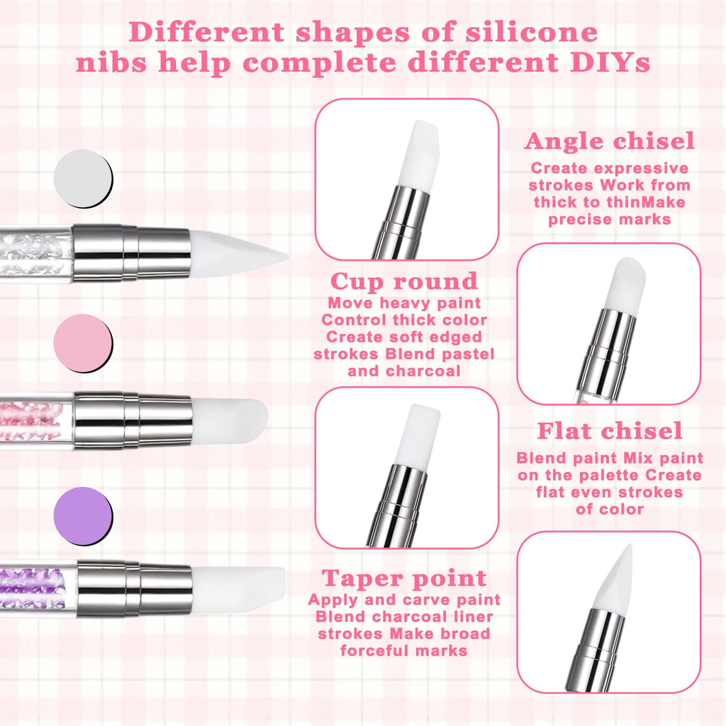 3 bolígrafos de escultura para arte de uñas, herramientas de uñas de silicona de doble punta, cabeza de silicona, pinceles de arte de uñas con mango acrílico, bolígrafo de tallado de esmalte de uñas | Silicone Head Acrylic Handle Nail Art Brushes, Rhinest