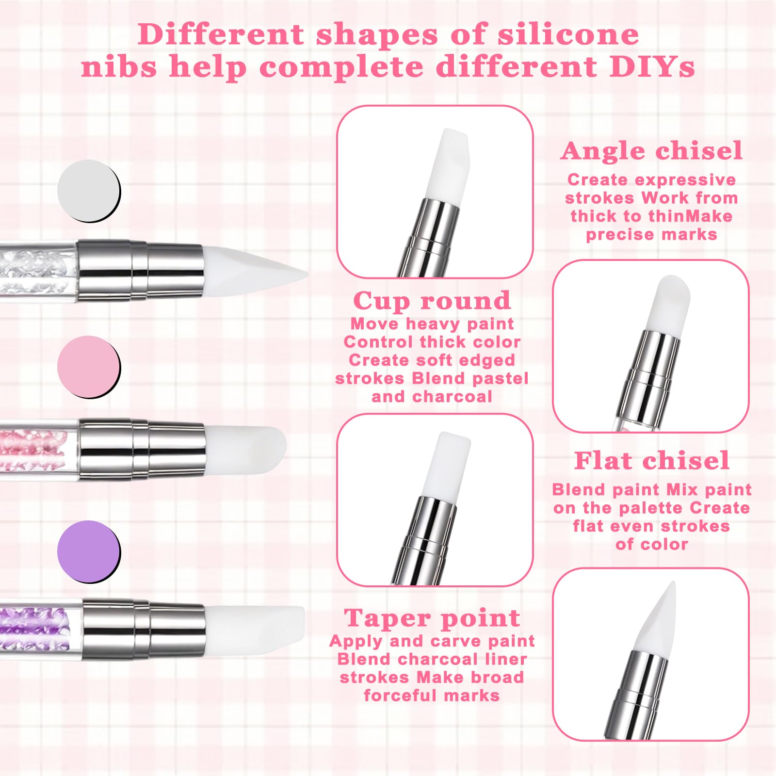 3 bolígrafos de escultura para arte de uñas, herramientas de uñas de silicona de doble punta, cabeza de silicona, pinceles de arte de uñas con mango acrílico, bolígrafo de tallado de esmalte de uñas | Silicone Head Acrylic Handle Nail Art Brushes, Rhinest
