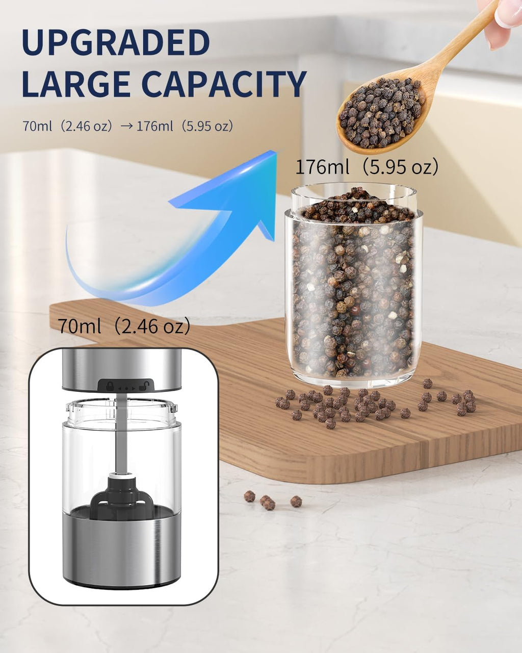 CIRCLE JOY Gravity - Juego de molinillo eléctrico de sal y pimienta con luz LED, funciona con pilas, grosor ajustable, gran capacidad, para el hogar, cocina, barbacoa