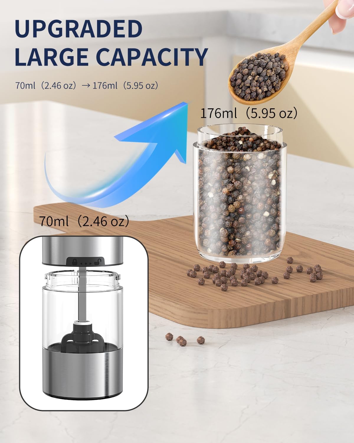 CIRCLE JOY Gravity - Juego de molinillo eléctrico de sal y pimienta con luz LED, funciona con pilas, grosor ajustable, gran capacidad, para el hogar, cocina, barbacoa