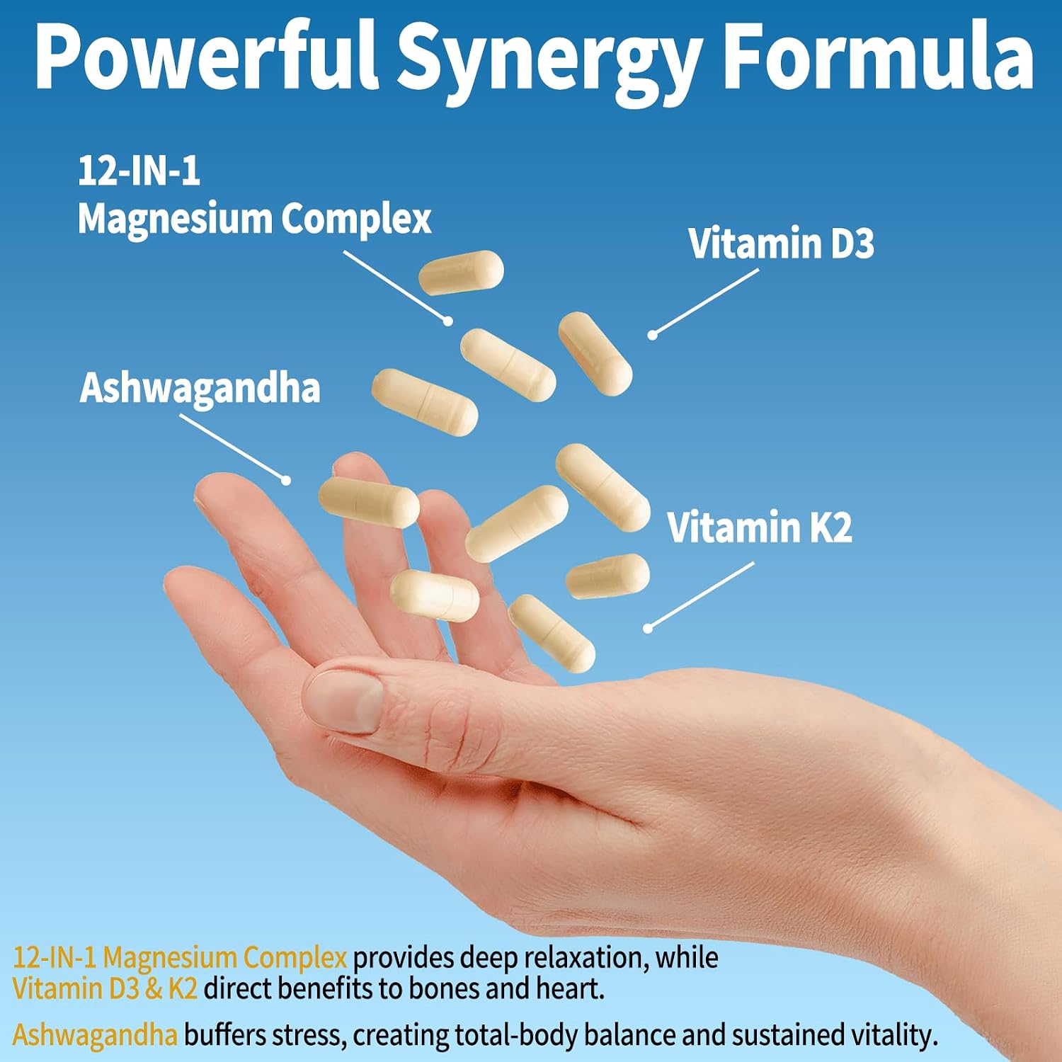 Complejo de magnesio 12 en 1 Suplemento para mujeres y hombres 700 mg, glicinato de magnesio con vitamina D3 K2, citrato malato óxido taurato aspartato orrotato, para relajación, corazón, energía | Magnesium Glycinate with Vitamin D3 K2, Citrate Malate Ox