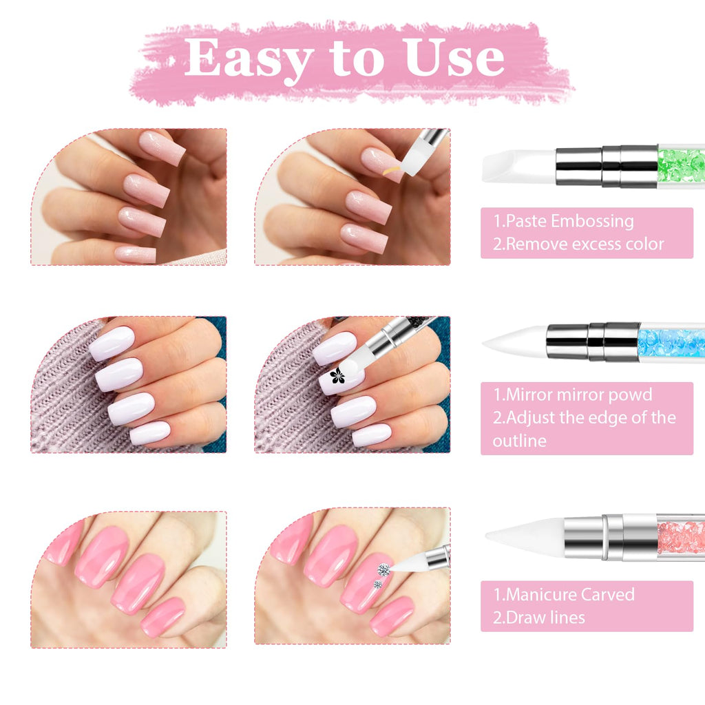 3 bolígrafos de escultura para arte de uñas, herramientas de uñas de silicona de doble punta, cabeza de silicona, pinceles de arte de uñas con mango acrílico, bolígrafo de tallado de esmalte de uñas | Silicone Head Acrylic Handle Nail Art Brushes, Rhinest
