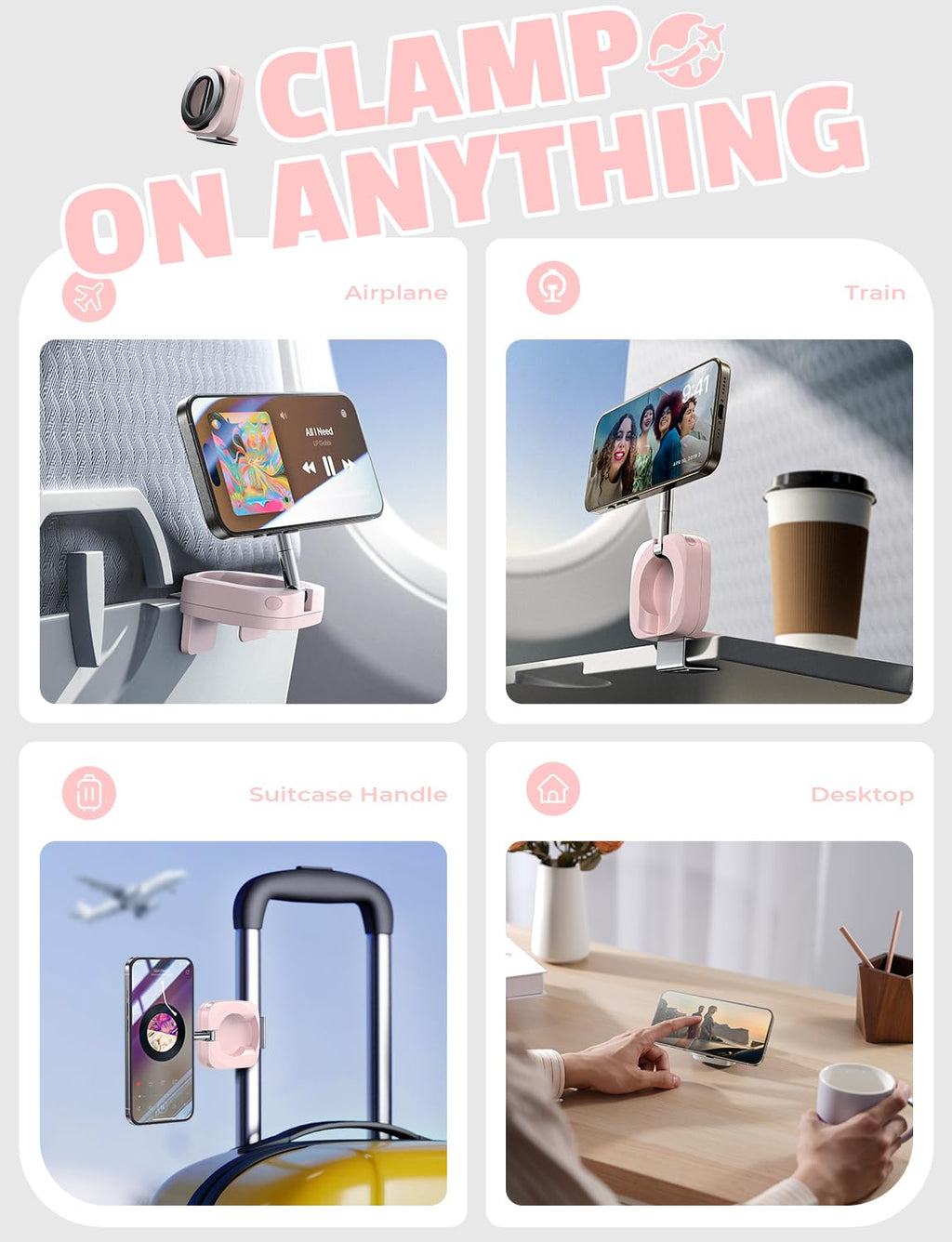 LISEN - Soporte de teléfono para el escritorio de viaje en avión | Phone Stand Hands Free MagSafe Travel Accessories Flying Long Flight Essentials Airplane Gadgets Gifts for Men