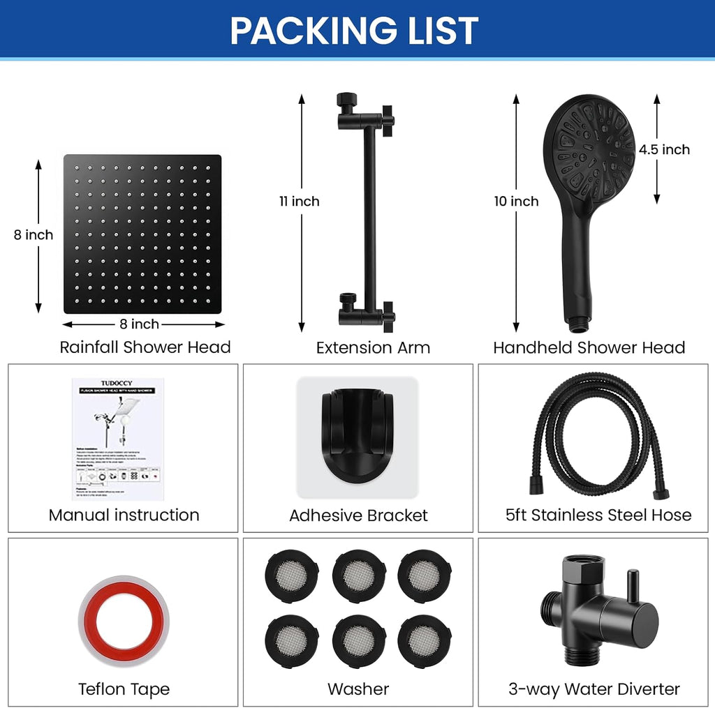 Cabezal de ducha de alta presión de 10 pulgadas, cabezal de ducha de mano con brazo de extensión de 11 pulgadas, cabezal antifugas de 9 ajustes con soporte, altura/ángulo ajustable, cromo, negro mate | 9 Settings, Anti-leak Shower Head with 11'' Extension