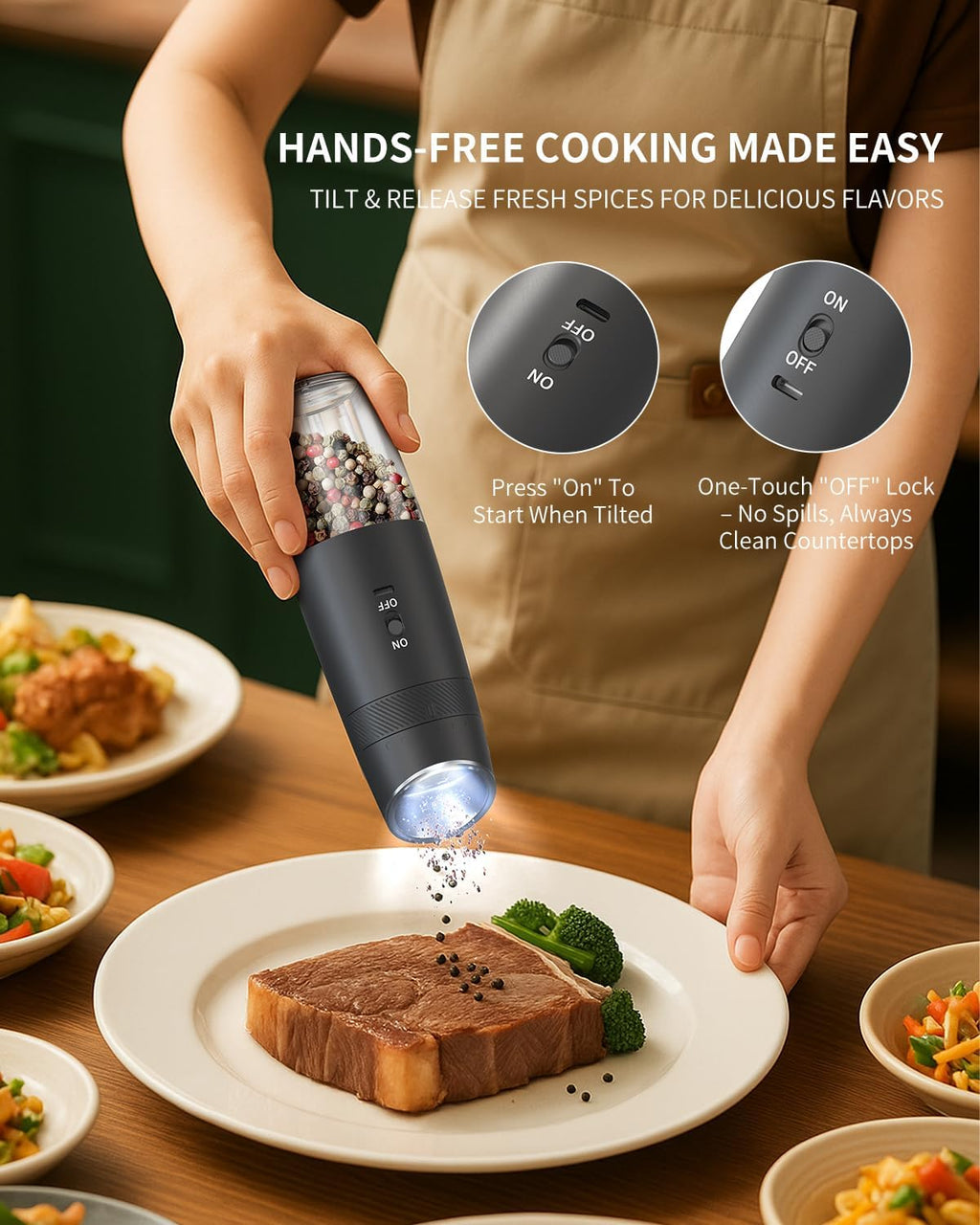 CIRCLE JOY Gravity - Juego de molinillo eléctrico de sal y pimienta con luz LED, funciona con pilas, grosor ajustable, gran capacidad, para el hogar, cocina, barbacoa