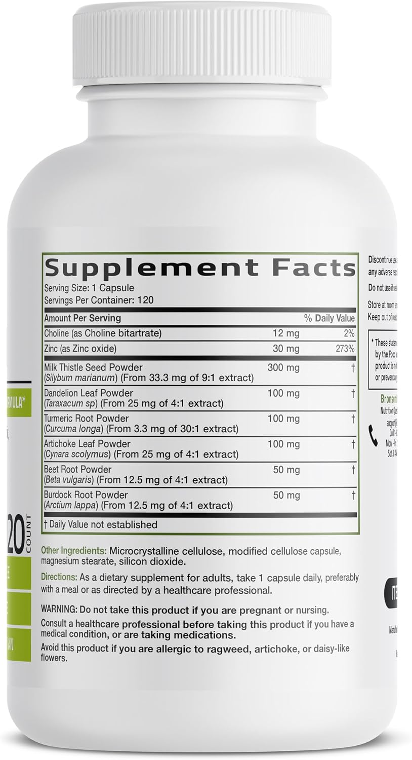 Bronson Desintoxicación Hepática Avanzada Fórmula de Limpieza y Descanso Apoya la Función Saludable del Hígado con Cardo Mariano, Raíz de Diente de León, Cúrcuma, Hoja de Alcachofa y Más, Sin GMO, 60 | Liver Health Support with Milk Thistle, Dandelion Ext