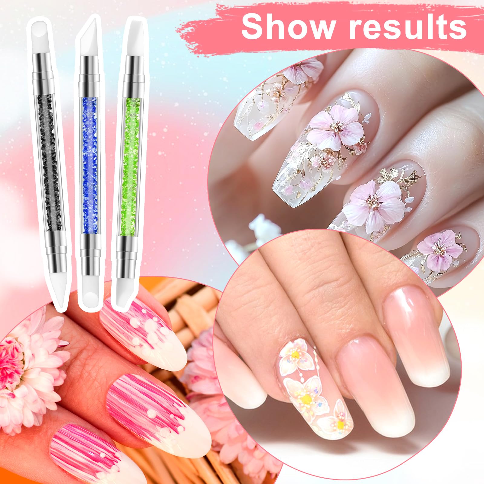 3 bolígrafos de escultura para arte de uñas, herramientas de uñas de silicona de doble punta, cabeza de silicona, pinceles de arte de uñas con mango acrílico, bolígrafo de tallado de esmalte de uñas | Silicone Head Acrylic Handle Nail Art Brushes, Rhinest