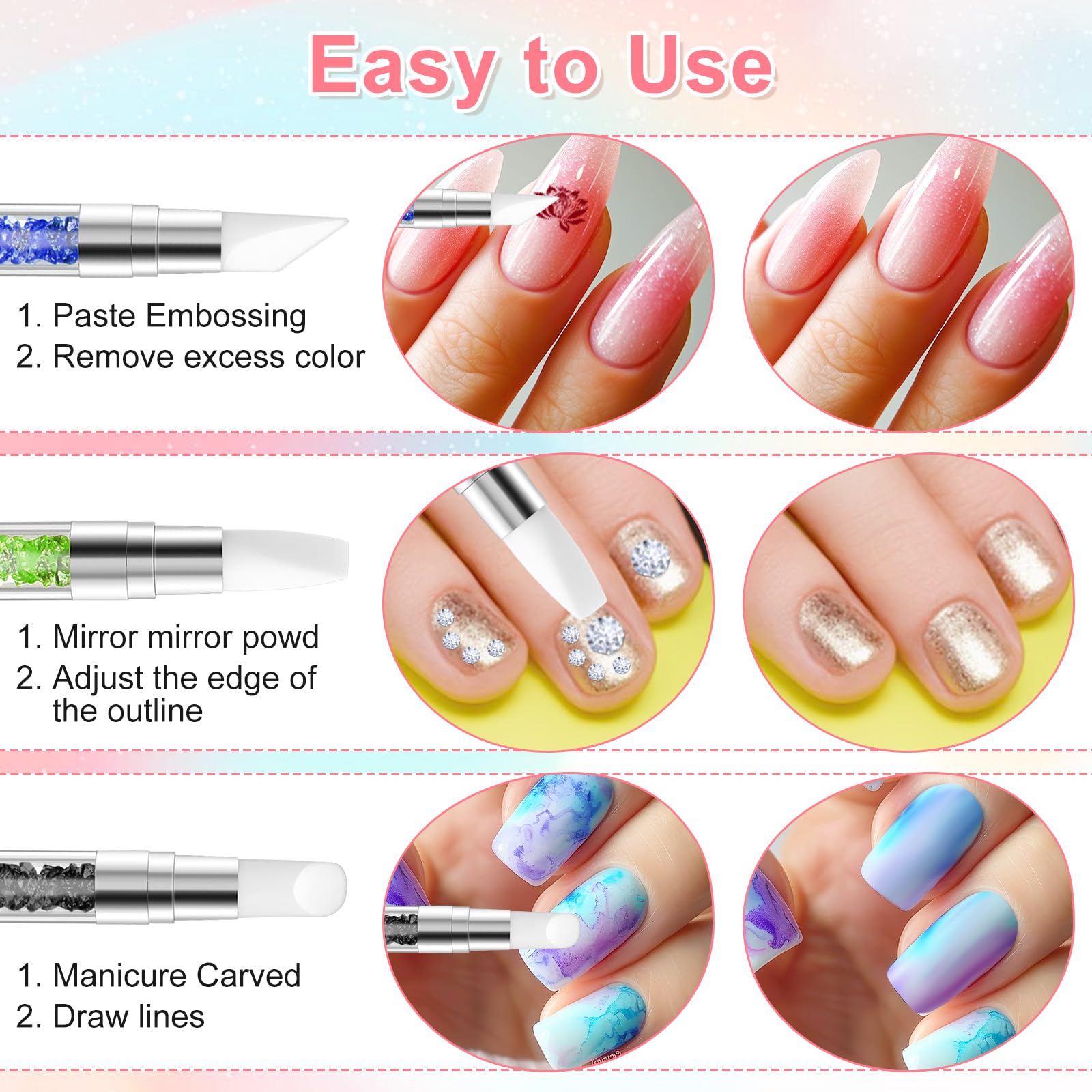 3 bolígrafos de escultura para arte de uñas, herramientas de uñas de silicona de doble punta, cabeza de silicona, pinceles de arte de uñas con mango acrílico, bolígrafo de tallado de esmalte de uñas | Silicone Head Acrylic Handle Nail Art Brushes, Rhinest