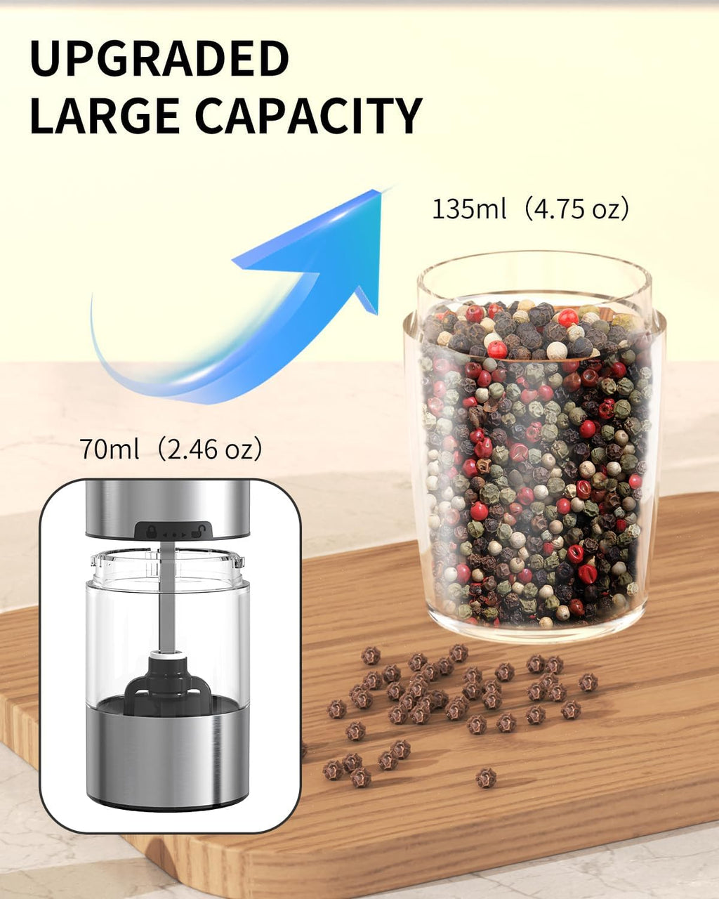 CIRCLE JOY Gravity - Juego de molinillo eléctrico de sal y pimienta con luz LED, funciona con pilas, grosor ajustable, gran capacidad, para el hogar, cocina, barbacoa