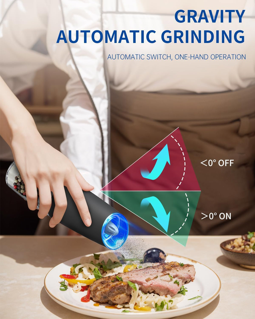 CIRCLE JOY Gravity - Juego de molinillo eléctrico de sal y pimienta con luz LED, funciona con pilas, grosor ajustable, gran capacidad, para el hogar, cocina, barbacoa