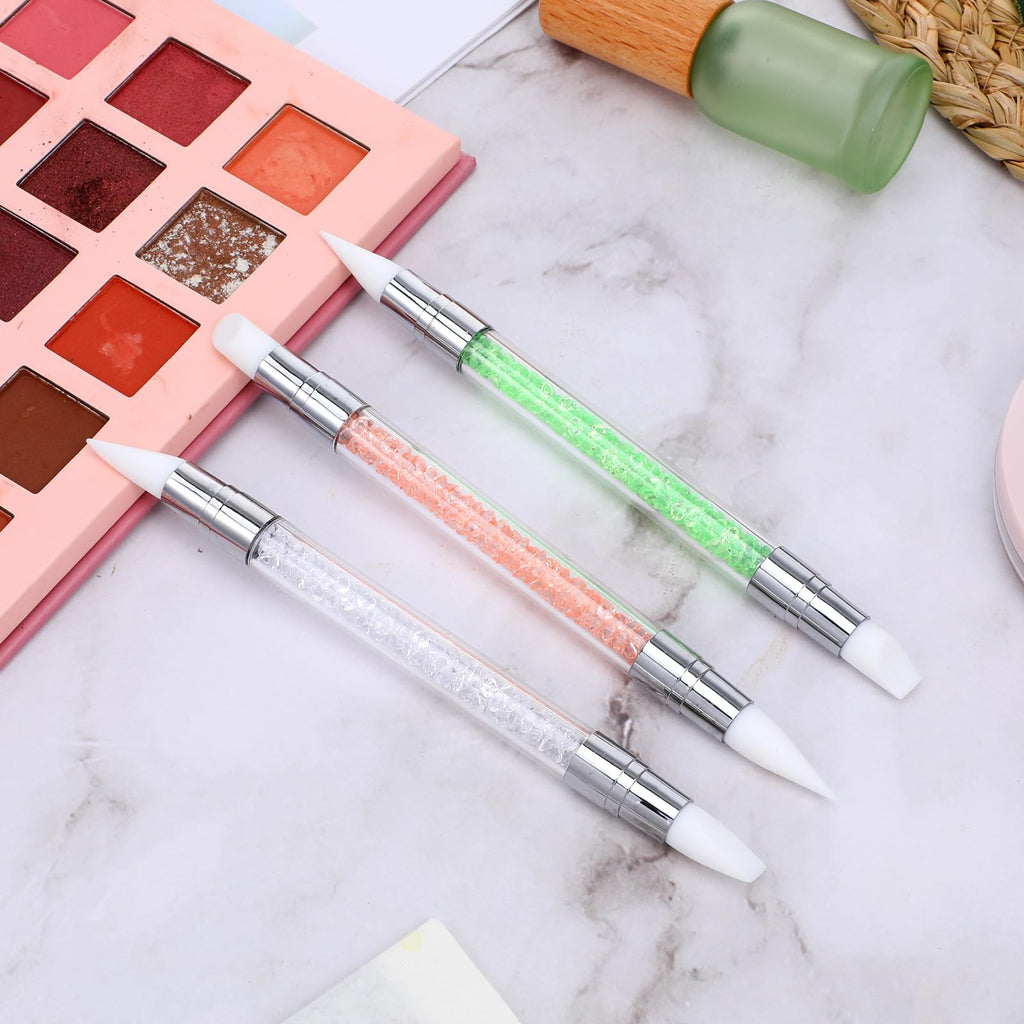3 bolígrafos de escultura para arte de uñas, herramientas de uñas de silicona de doble punta, cabeza de silicona, pinceles de arte de uñas con mango acrílico, bolígrafo de tallado de esmalte de uñas | Silicone Head Acrylic Handle Nail Art Brushes, Rhinest