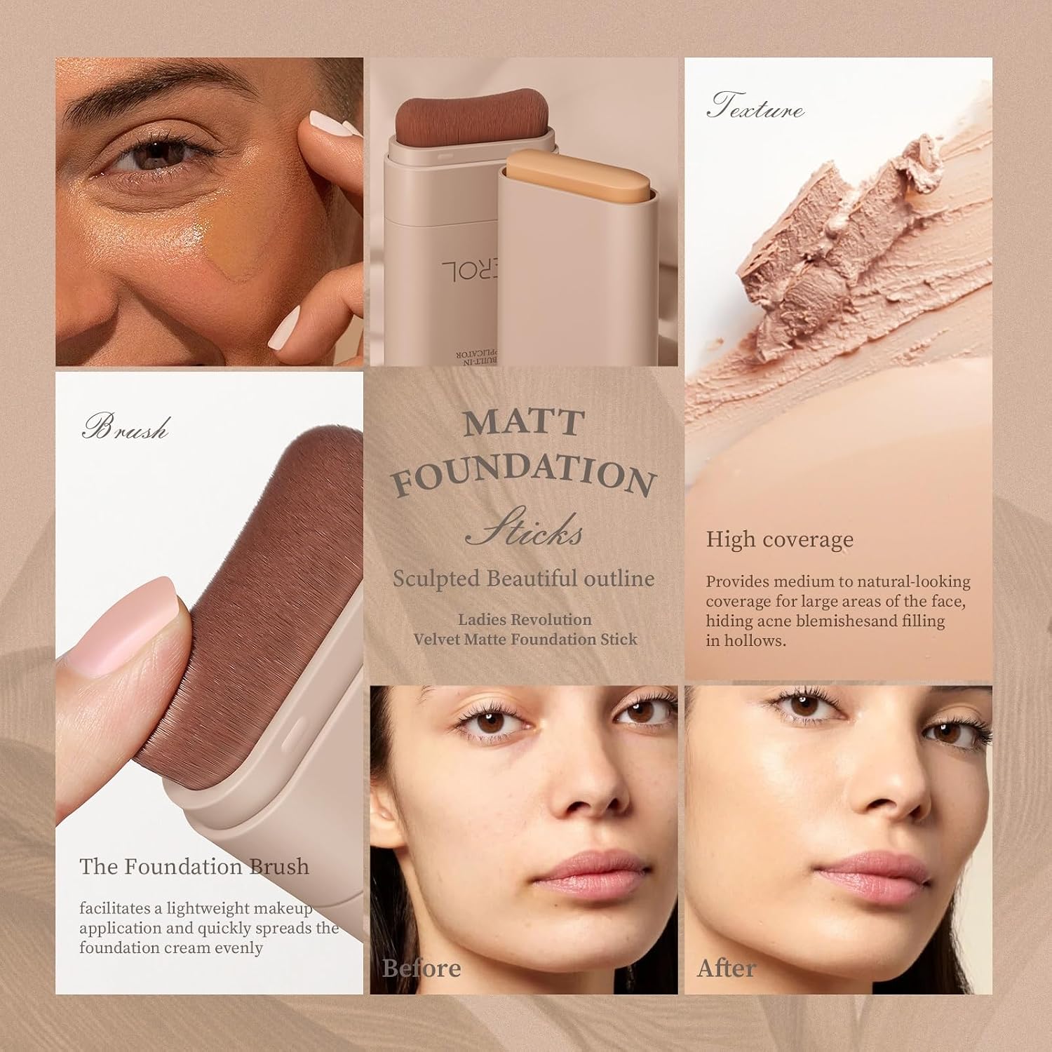 Flawless Eraser Foundation Stick, Lightweight Buildable Medium-to-Full Coverage Dual Ended Makeup Stick, Multi-Use Face Makeup Bar with brush, Natural Finish
