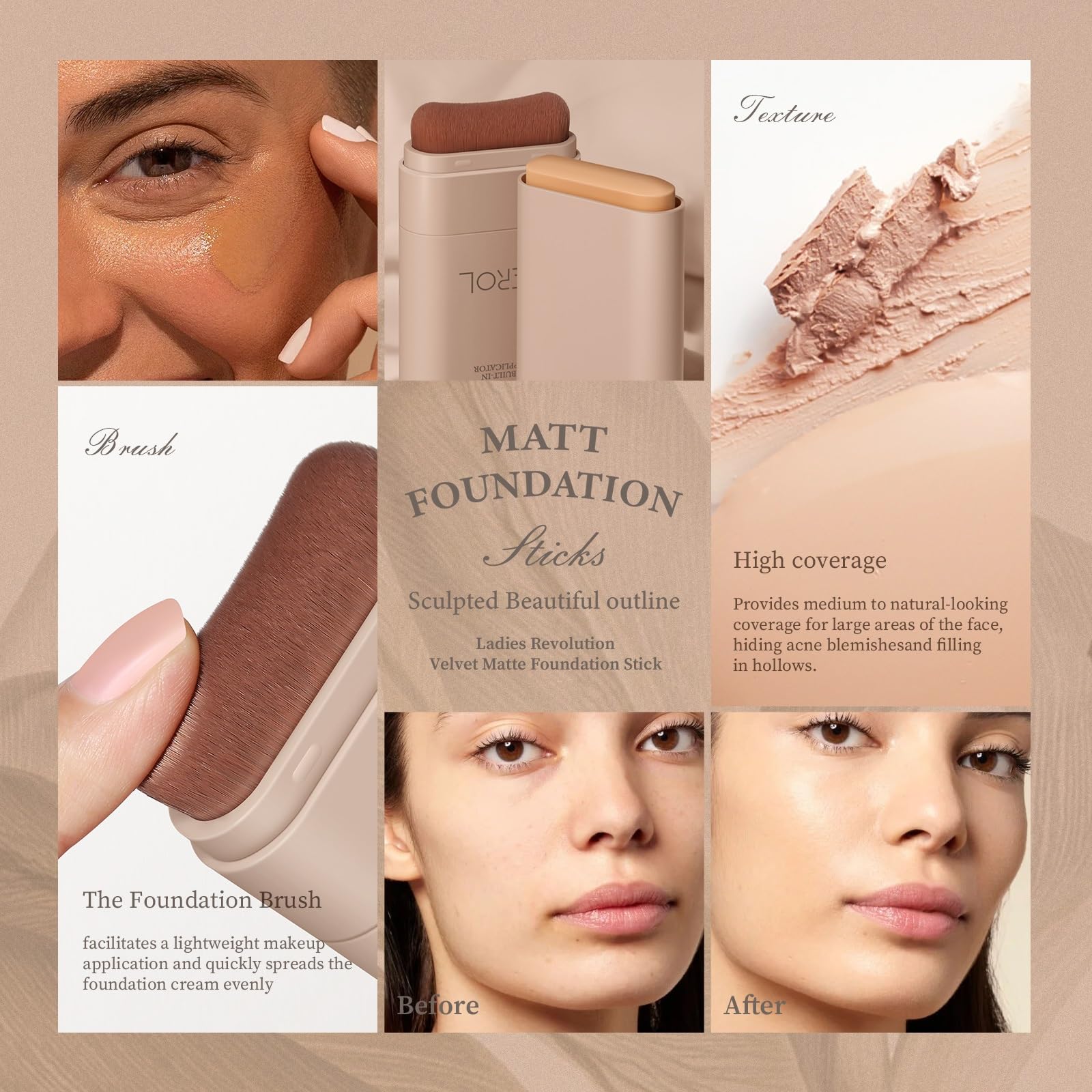 Flawless Eraser Foundation Stick, Lightweight Buildable Medium-to-Full Coverage Dual Ended Makeup Stick, Multi-Use Face Makeup Bar with brush, Natural Finish