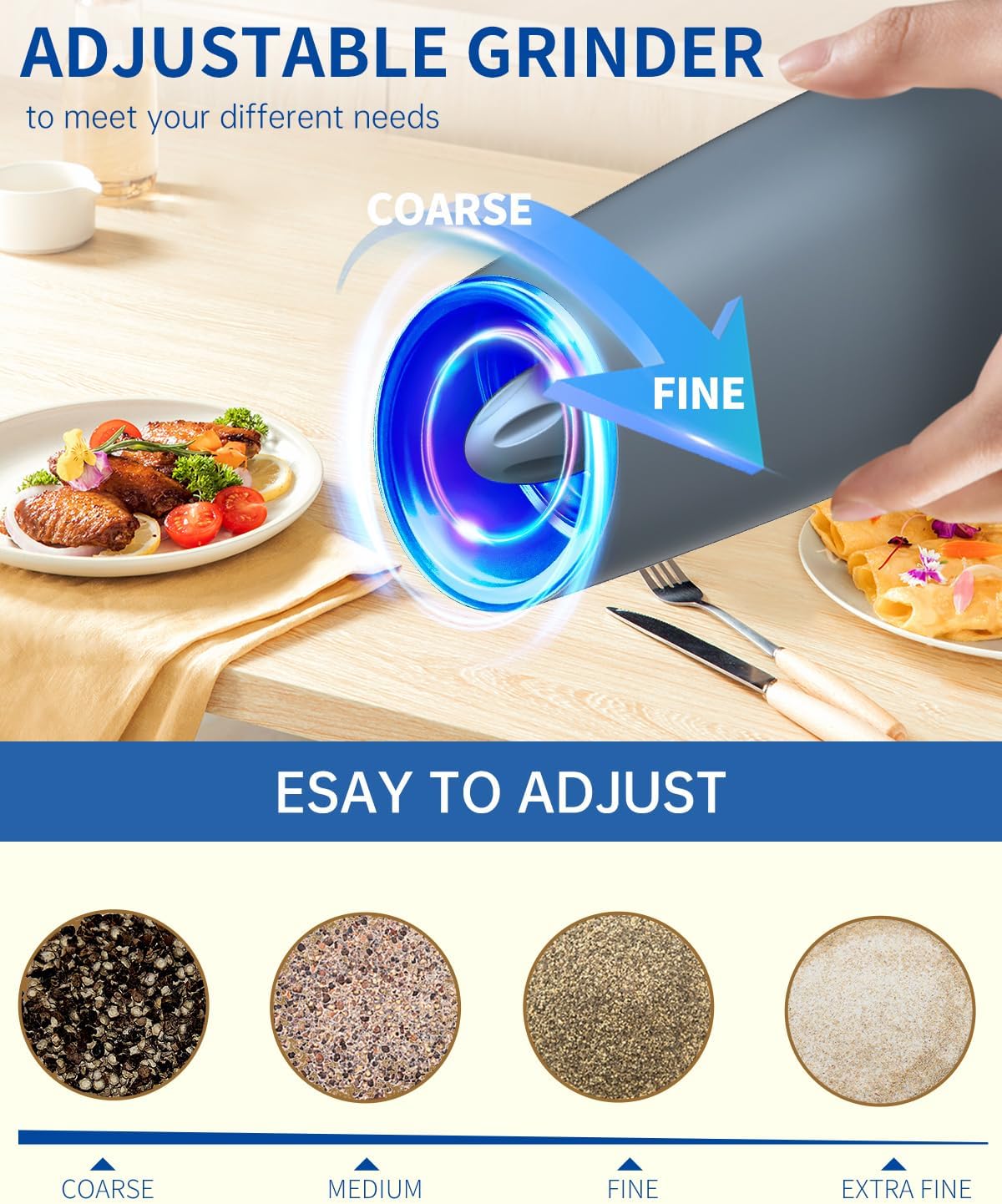 CIRCLE JOY Gravity - Juego de molinillo eléctrico de sal y pimienta con luz LED, funciona con pilas, grosor ajustable, gran capacidad, para el hogar, cocina, barbacoa