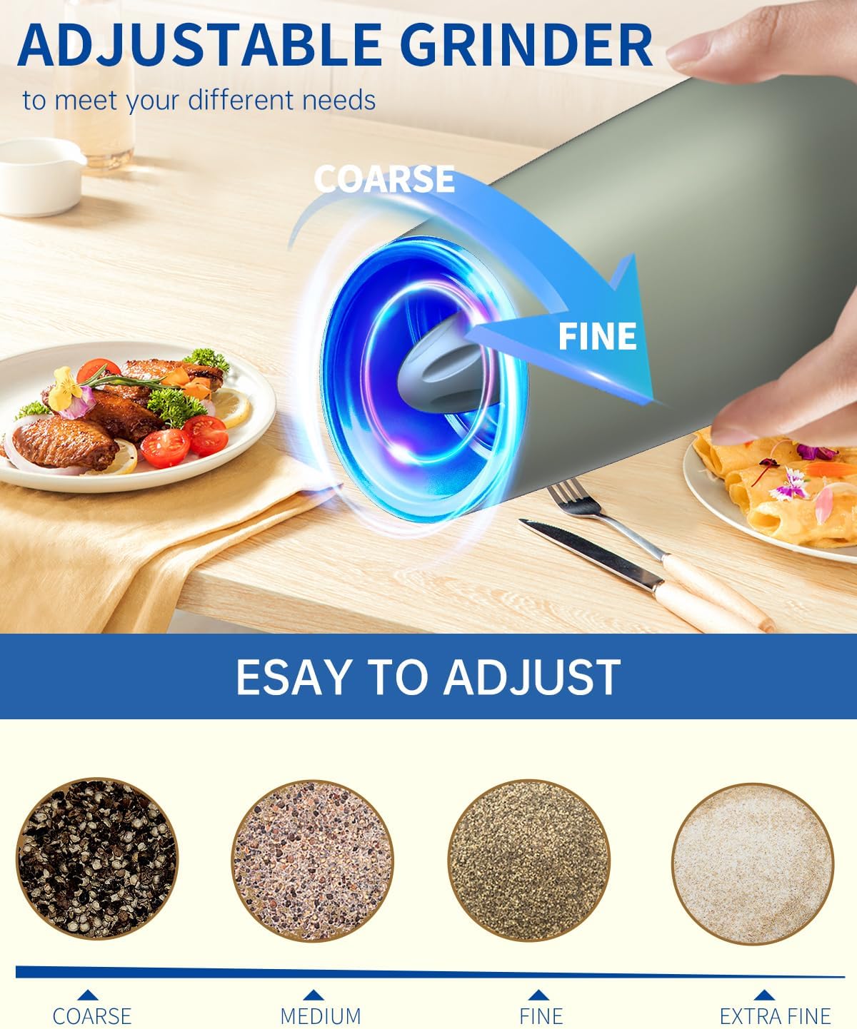 CIRCLE JOY Gravity - Juego de molinillo eléctrico de sal y pimienta con luz LED, funciona con pilas, grosor ajustable, gran capacidad, para el hogar, cocina, barbacoa