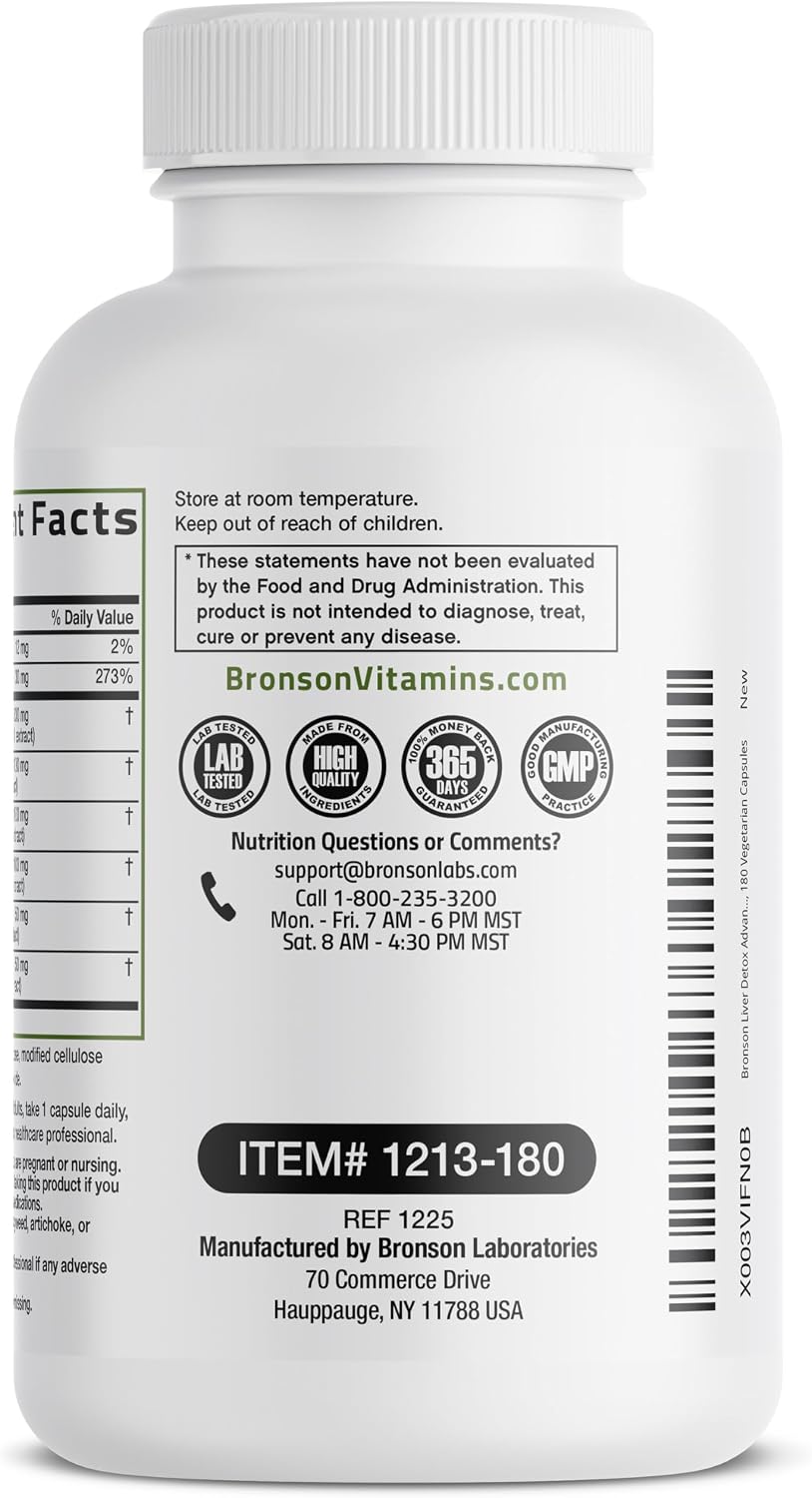 Bronson Desintoxicación Hepática Avanzada Fórmula de Limpieza y Descanso Apoya la Función Saludable del Hígado con Cardo Mariano, Raíz de Diente de León, Cúrcuma, Hoja de Alcachofa y Más, Sin GMO, 60 | Liver Health Support with Milk Thistle, Dandelion Ext