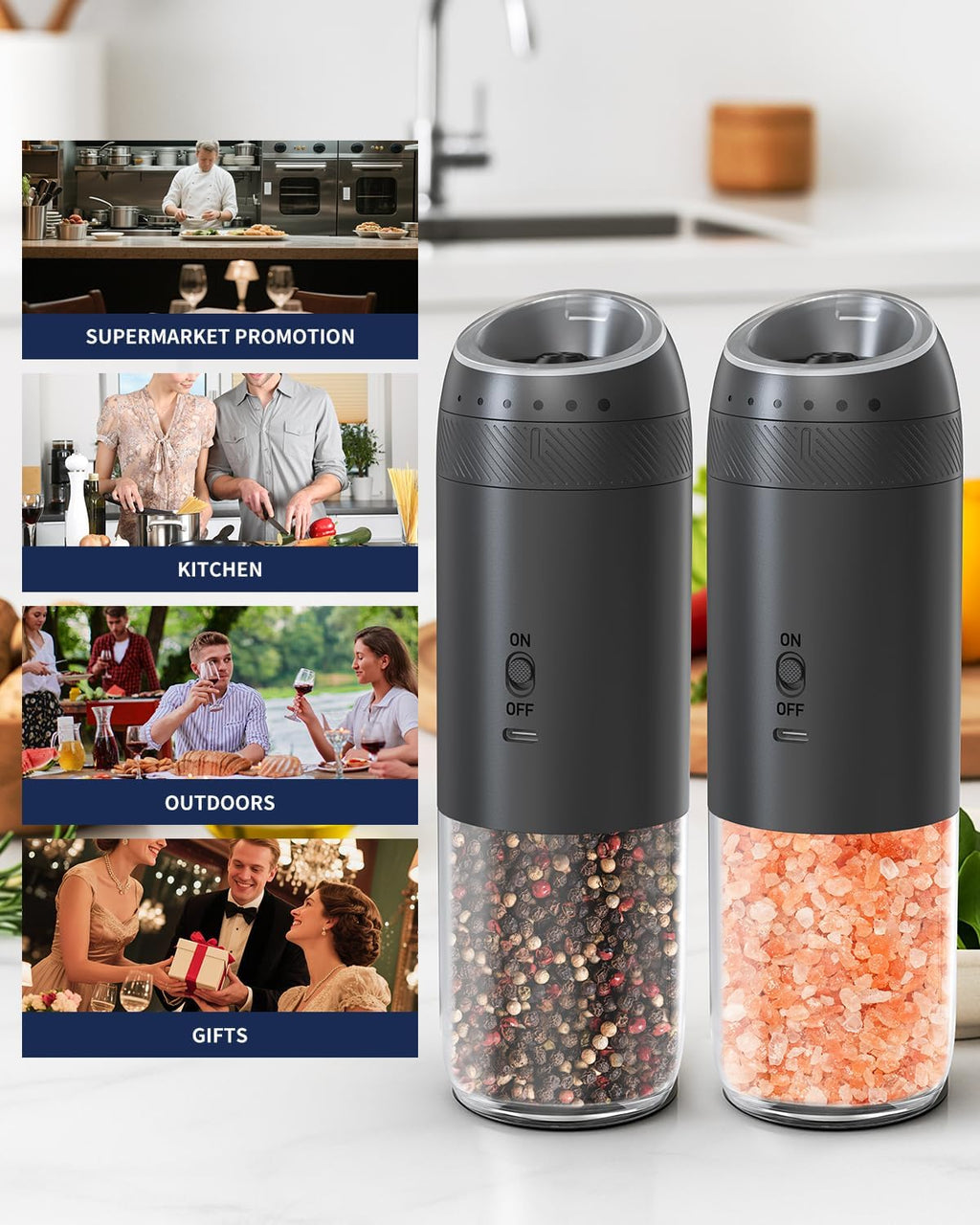 CIRCLE JOY Gravity - Juego de molinillo eléctrico de sal y pimienta con luz LED, funciona con pilas, grosor ajustable, gran capacidad, para el hogar, cocina, barbacoa