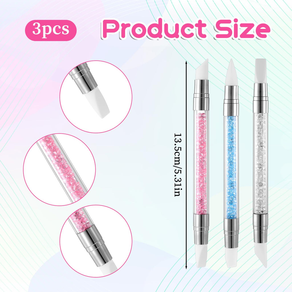 3 bolígrafos de escultura para arte de uñas, herramientas de uñas de silicona de doble punta, cabeza de silicona, pinceles de arte de uñas con mango acrílico, bolígrafo de tallado de esmalte de uñas | Silicone Head Acrylic Handle Nail Art Brushes, Rhinest