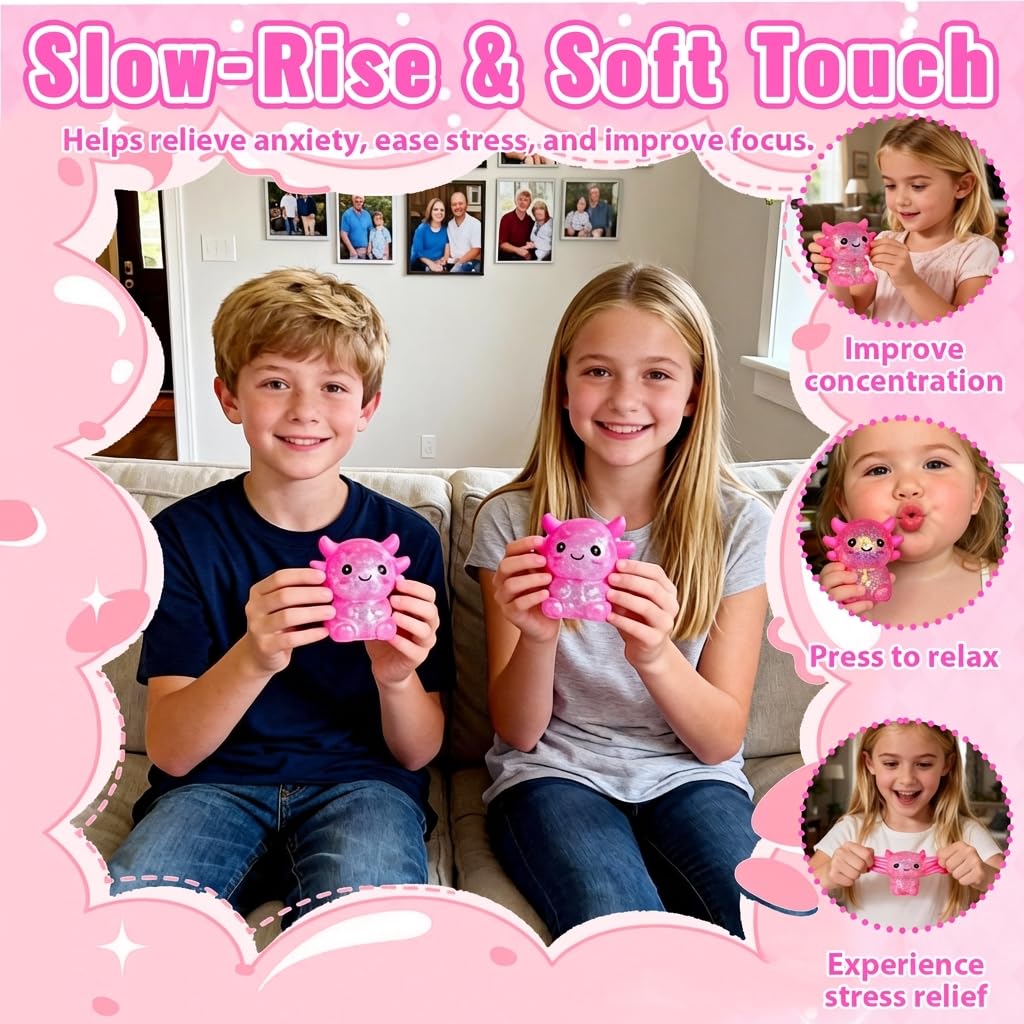 Axolotl - Juguete blando para aliviar el estrés – Lindo juguete para apretar con purpurina para niños y adultos, juguete sensorial para aliviar la ansiedad, recuerdo de fiesta de escritorio | Soft TPR, Floating Glitter, squeeze toy, busy hands, stress rel