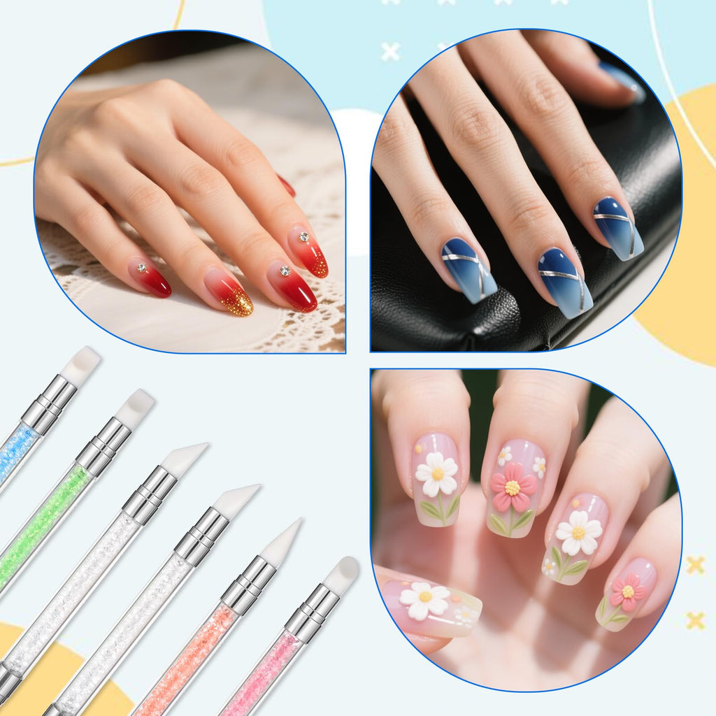 3 bolígrafos de escultura para arte de uñas, herramientas de uñas de silicona de doble punta, cabeza de silicona, pinceles de arte de uñas con mango acrílico, bolígrafo de tallado de esmalte de uñas | Silicone Head Acrylic Handle Nail Art Brushes, Rhinest
