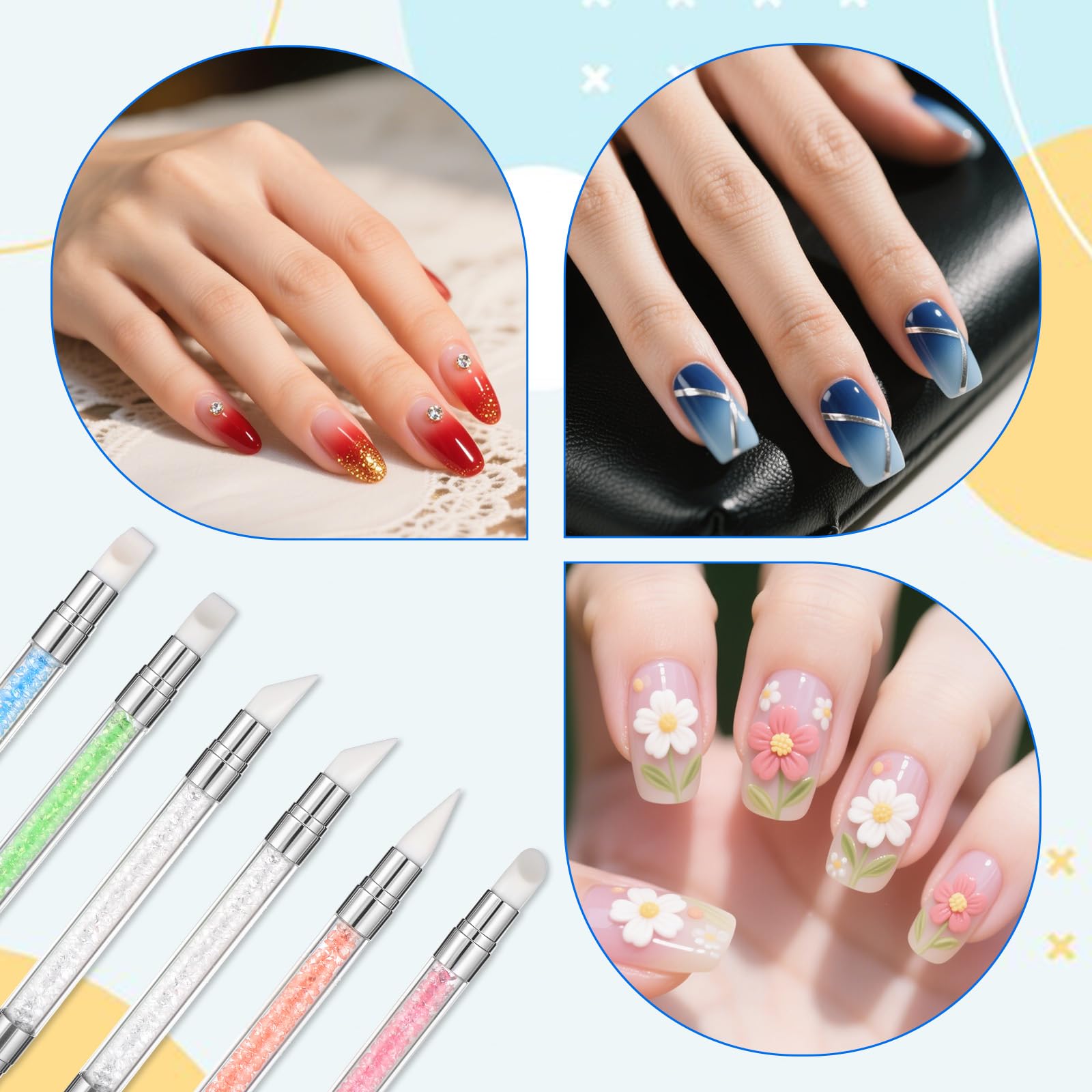 3 bolígrafos de escultura para arte de uñas, herramientas de uñas de silicona de doble punta, cabeza de silicona, pinceles de arte de uñas con mango acrílico, bolígrafo de tallado de esmalte de uñas | Silicone Head Acrylic Handle Nail Art Brushes, Rhinest
