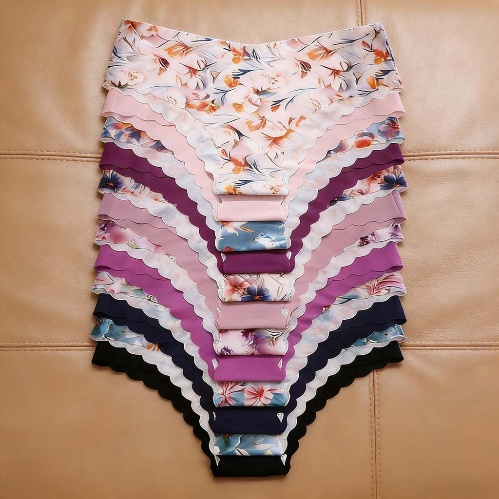 12 PCS Women's Seamless Underwear Set,Breathable Low-Rise Hipster,Floral Scallop Mid Rise No Show Panty Set