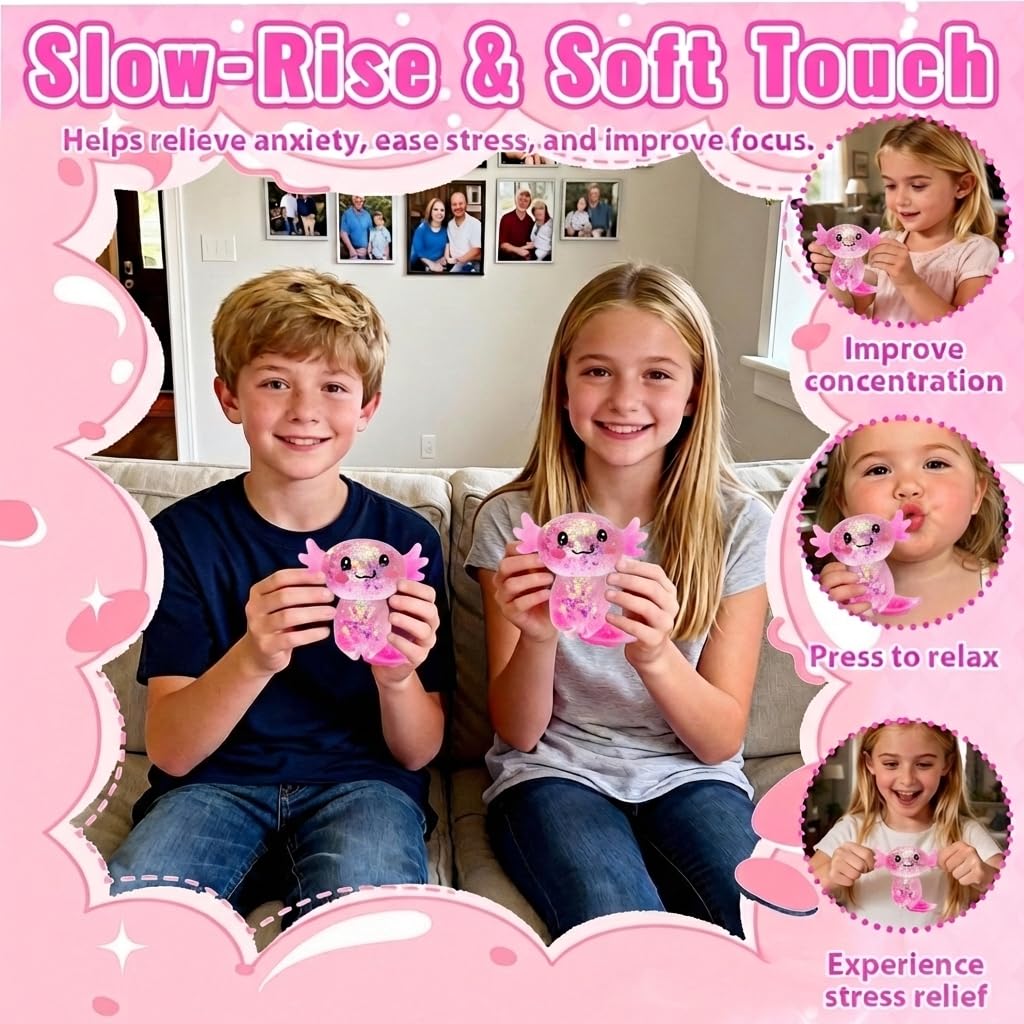 Axolotl - Juguete blando para aliviar el estrés – Lindo juguete para apretar con purpurina para niños y adultos, juguete sensorial para aliviar la ansiedad, recuerdo de fiesta de escritorio | Soft TPR, Floating Glitter, squeeze toy, busy hands, stress rel