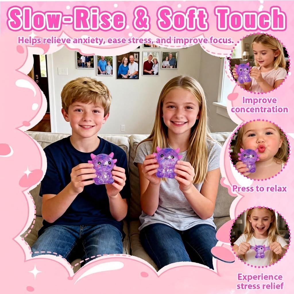 Axolotl - Juguete blando para aliviar el estrés – Lindo juguete para apretar con purpurina para niños y adultos, juguete sensorial para aliviar la ansiedad, recuerdo de fiesta de escritorio | Soft TPR, Floating Glitter, squeeze toy, busy hands, stress rel
