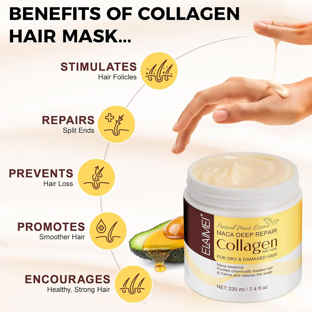 Collagen Hair Treatment Mask, Deep Repair Conditioning Hair Mask with Collagen, Maca, Avocado Oil for All Hair Types, 7.4 FL OZ