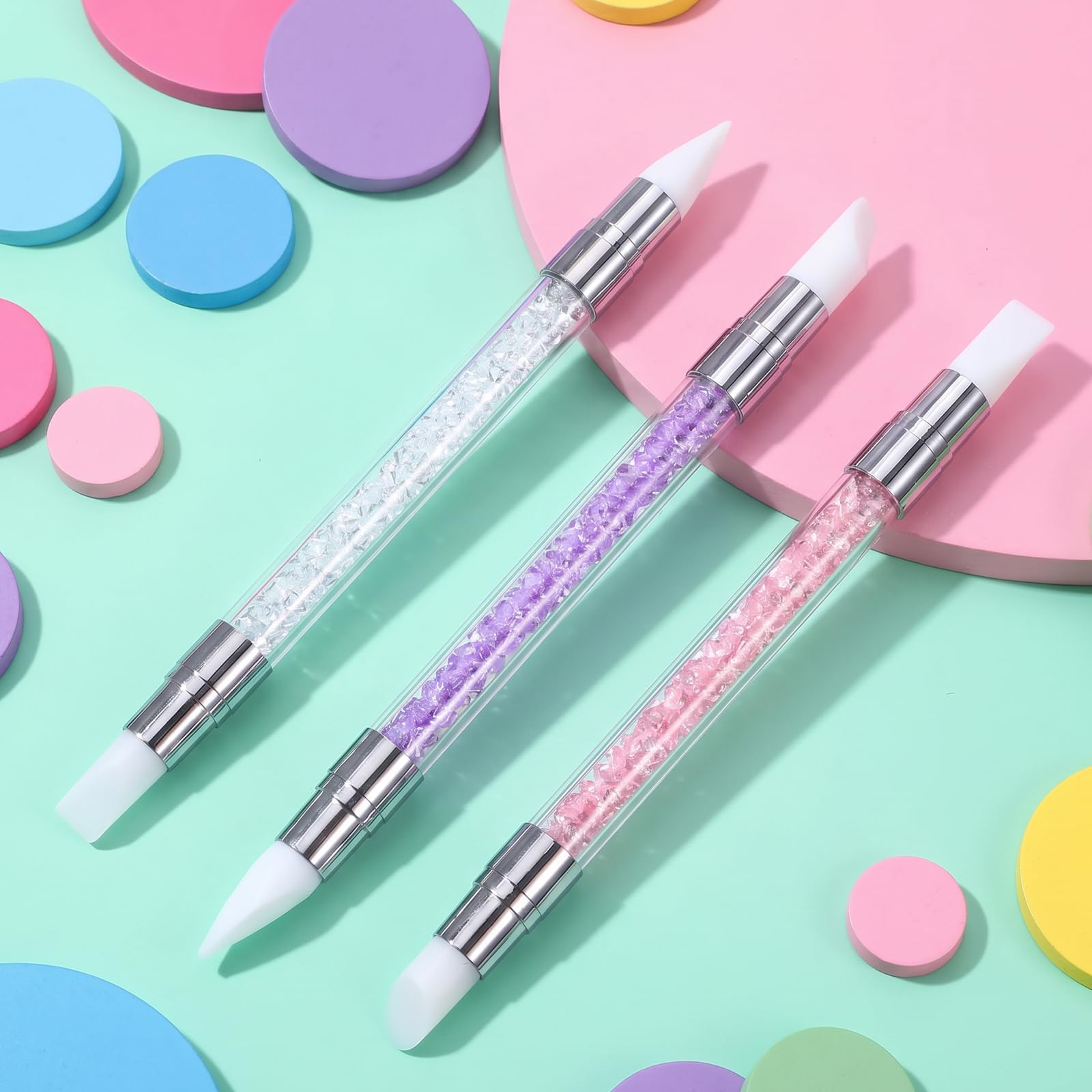 3 bolígrafos de escultura para arte de uñas, herramientas de uñas de silicona de doble punta, cabeza de silicona, pinceles de arte de uñas con mango acrílico, bolígrafo de tallado de esmalte de uñas | Silicone Head Acrylic Handle Nail Art Brushes, Rhinest