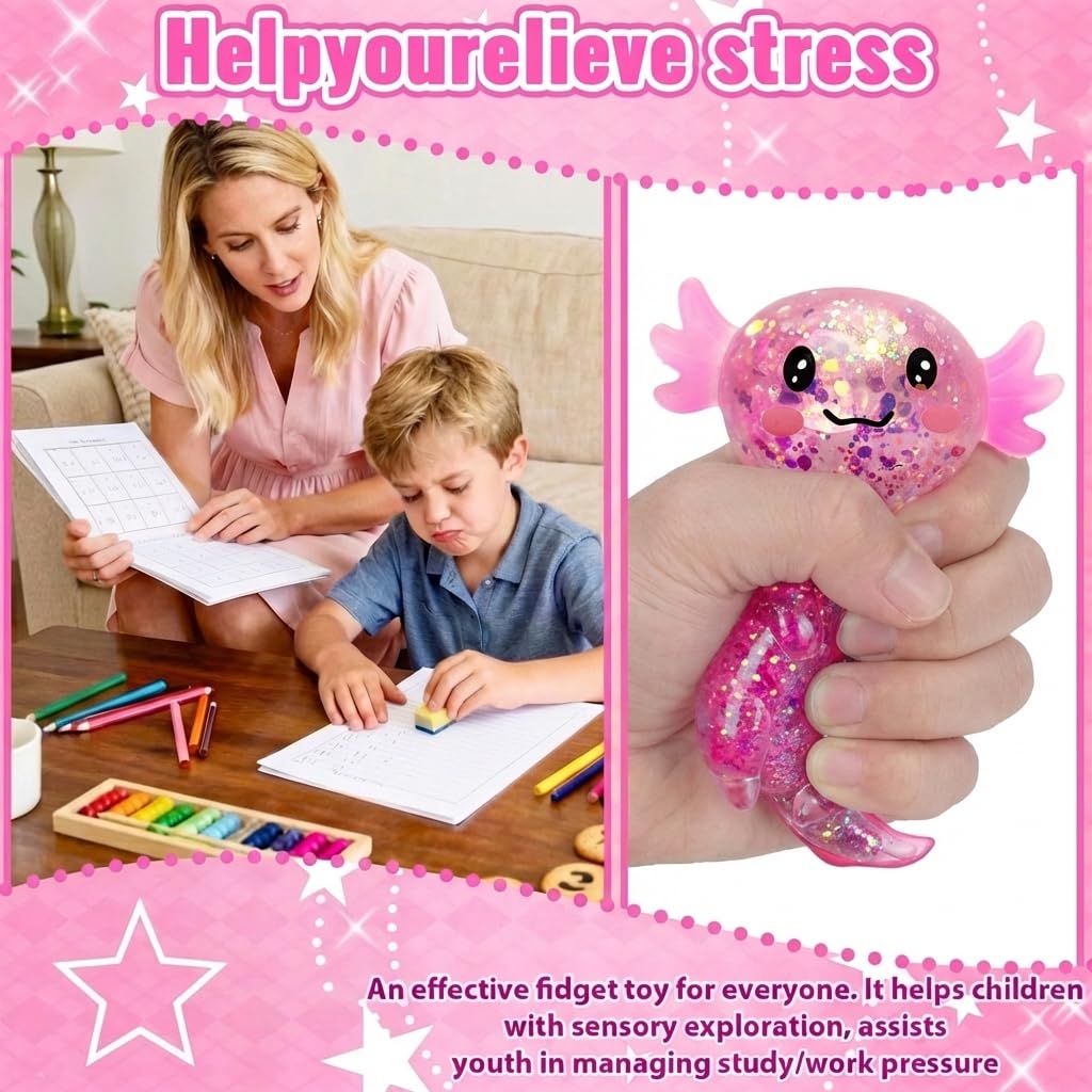 Axolotl - Juguete blando para aliviar el estrés – Lindo juguete para apretar con purpurina para niños y adultos, juguete sensorial para aliviar la ansiedad, recuerdo de fiesta de escritorio | Soft TPR, Floating Glitter, squeeze toy, busy hands, stress rel