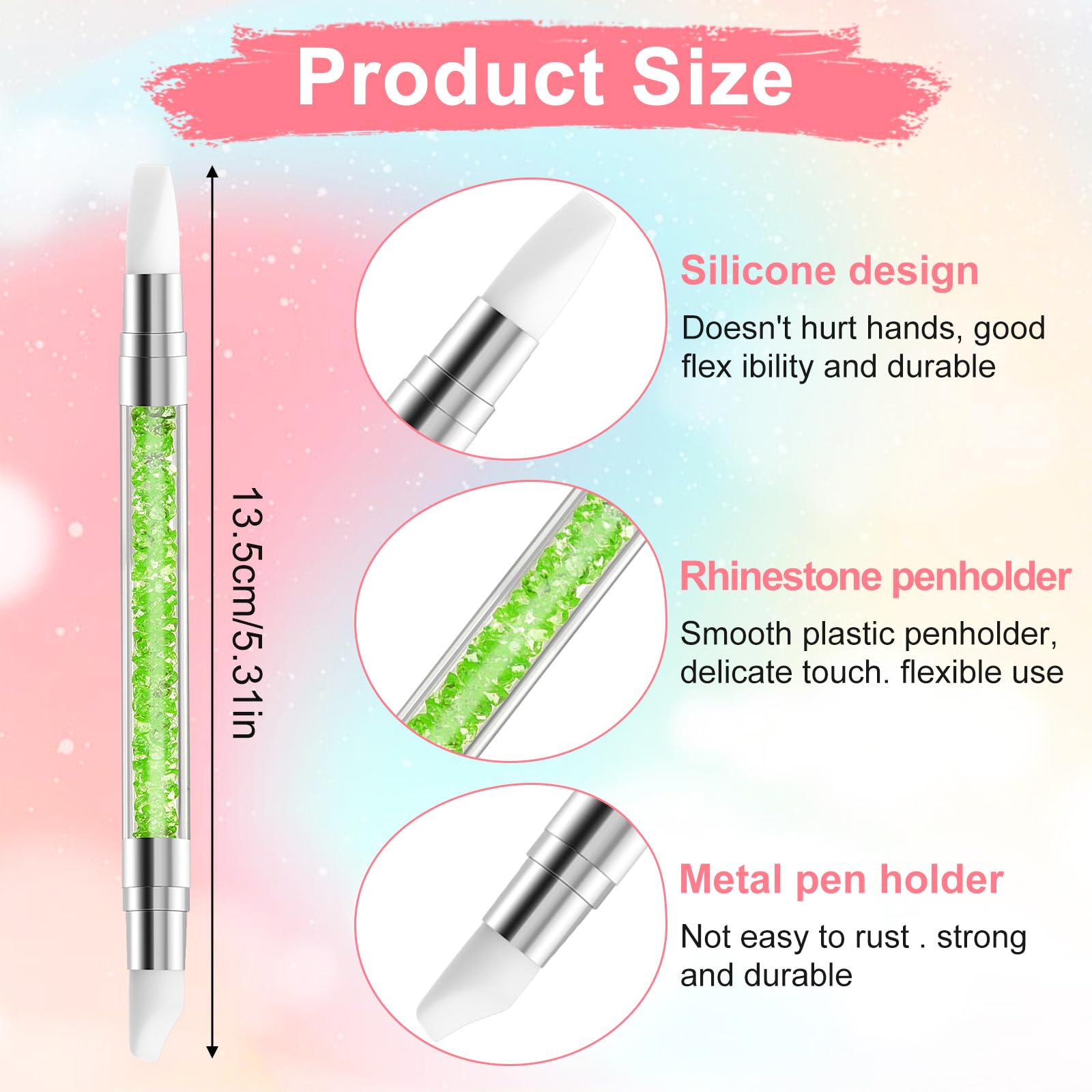 3 bolígrafos de escultura para arte de uñas, herramientas de uñas de silicona de doble punta, cabeza de silicona, pinceles de arte de uñas con mango acrílico, bolígrafo de tallado de esmalte de uñas | Silicone Head Acrylic Handle Nail Art Brushes, Rhinest