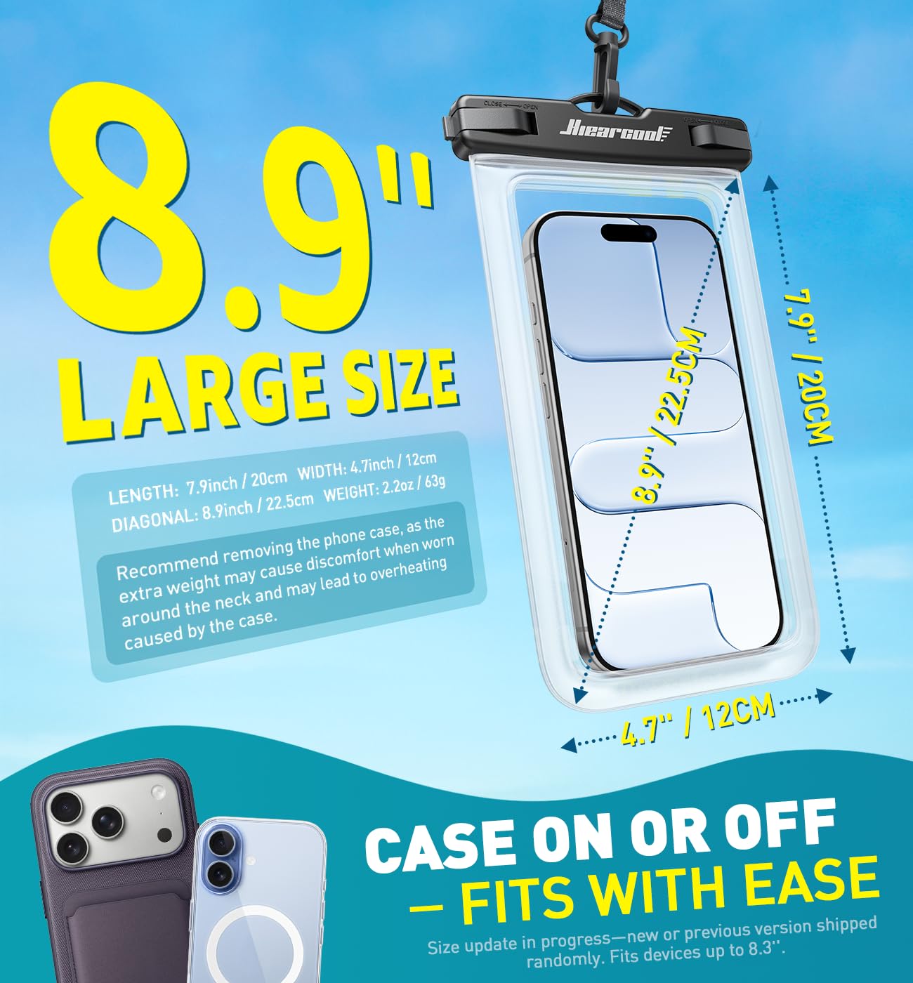 Hiearcool Funda impermeable IPX8 para iPhone 17/16/15/14 Pro Max, bolsa seca para teléfono celular para artículos esenciales de playa y crucero, pantalla táctil, cordón incluido, paquete de 2 (se adapta a hasta 8.9 pulgadas)