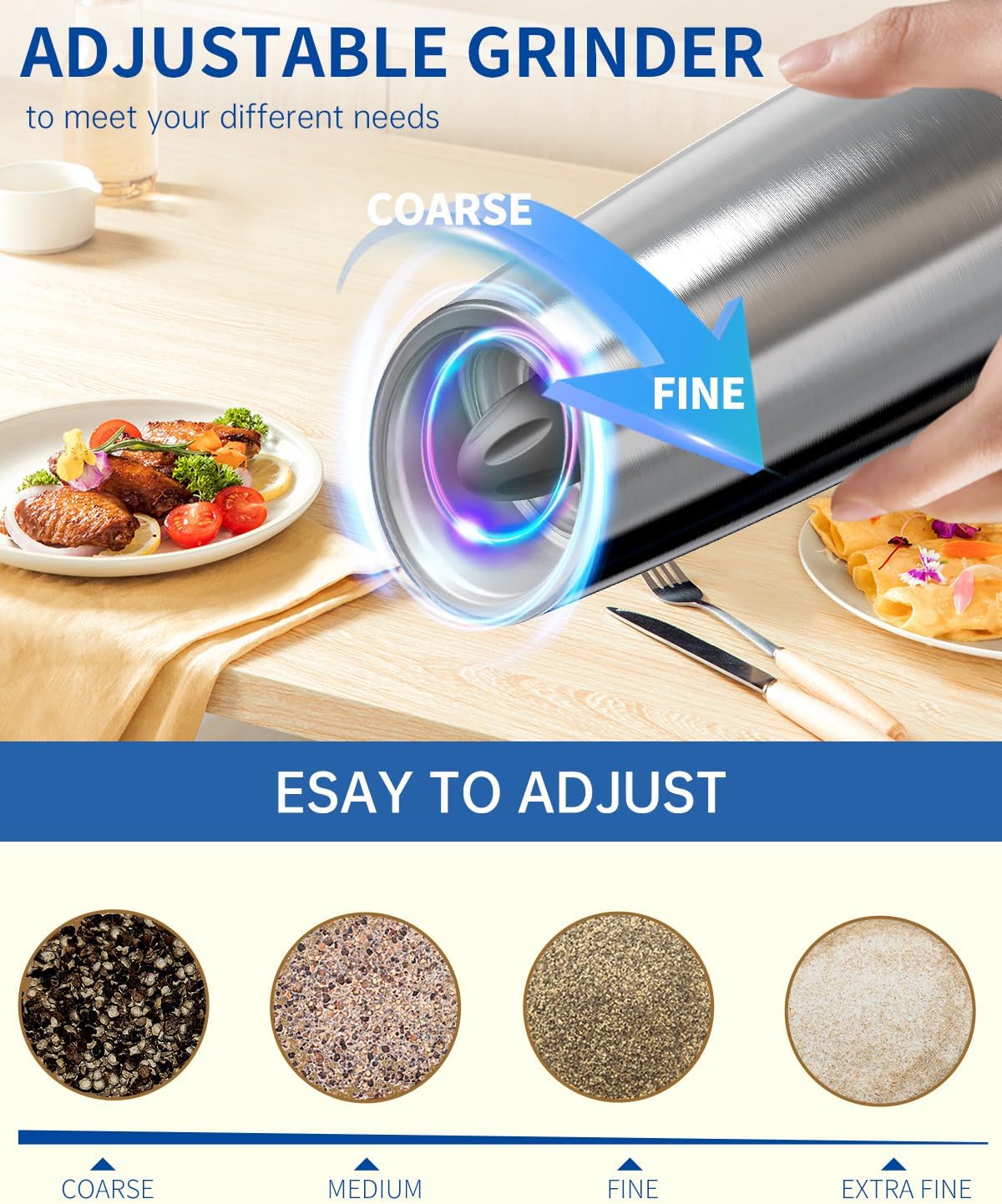 CIRCLE JOY Gravity - Juego de molinillo eléctrico de sal y pimienta con luz LED, funciona con pilas, grosor ajustable, gran capacidad, para el hogar, cocina, barbacoa