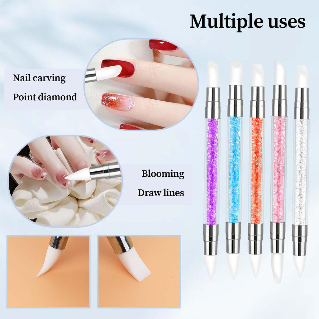 3 bolígrafos de escultura para arte de uñas, herramientas de uñas de silicona de doble punta, cabeza de silicona, pinceles de arte de uñas con mango acrílico, bolígrafo de tallado de esmalte de uñas | Silicone Head Acrylic Handle Nail Art Brushes, Rhinest