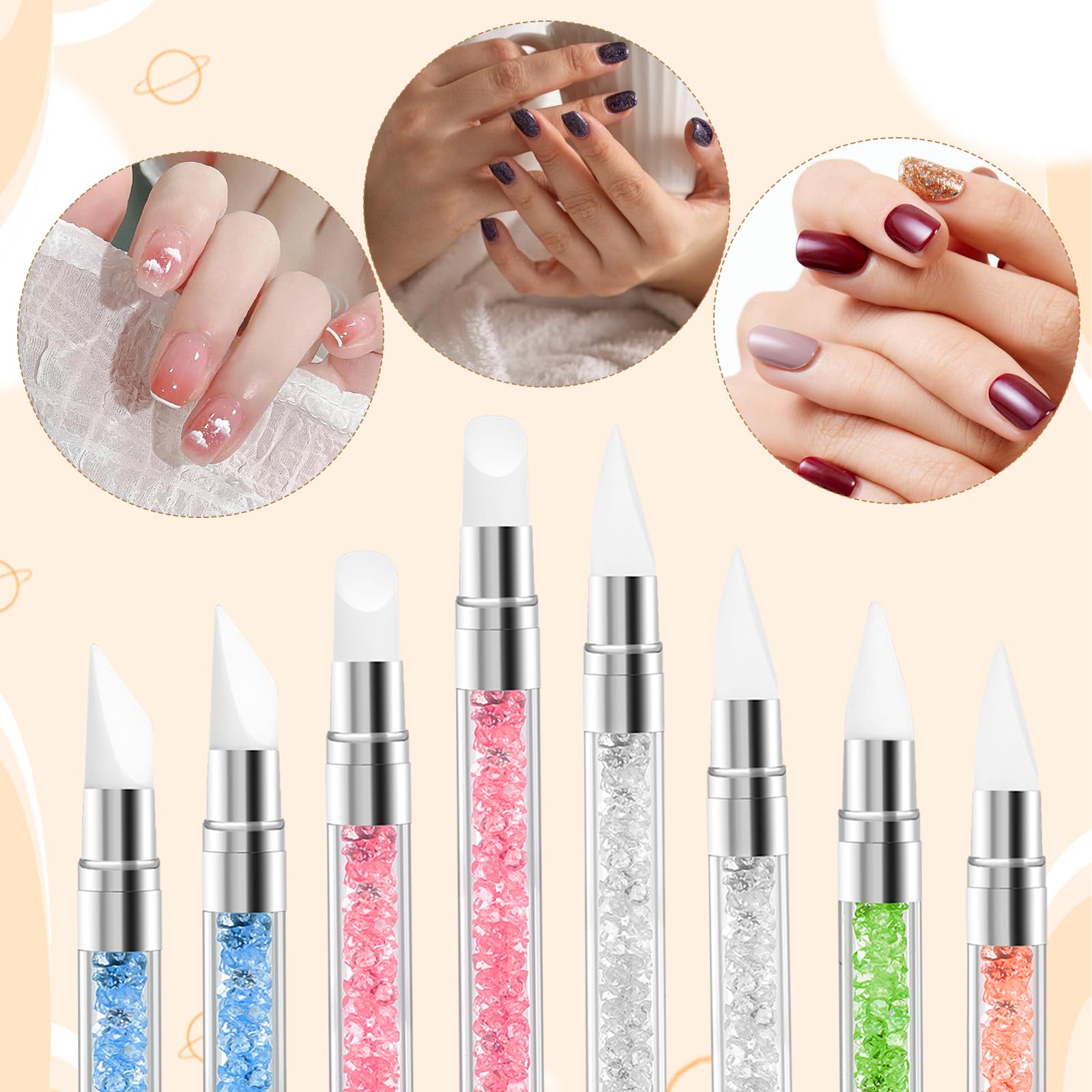 3 bolígrafos de escultura para arte de uñas, herramientas de uñas de silicona de doble punta, cabeza de silicona, pinceles de arte de uñas con mango acrílico, bolígrafo de tallado de esmalte de uñas | Silicone Head Acrylic Handle Nail Art Brushes, Rhinest