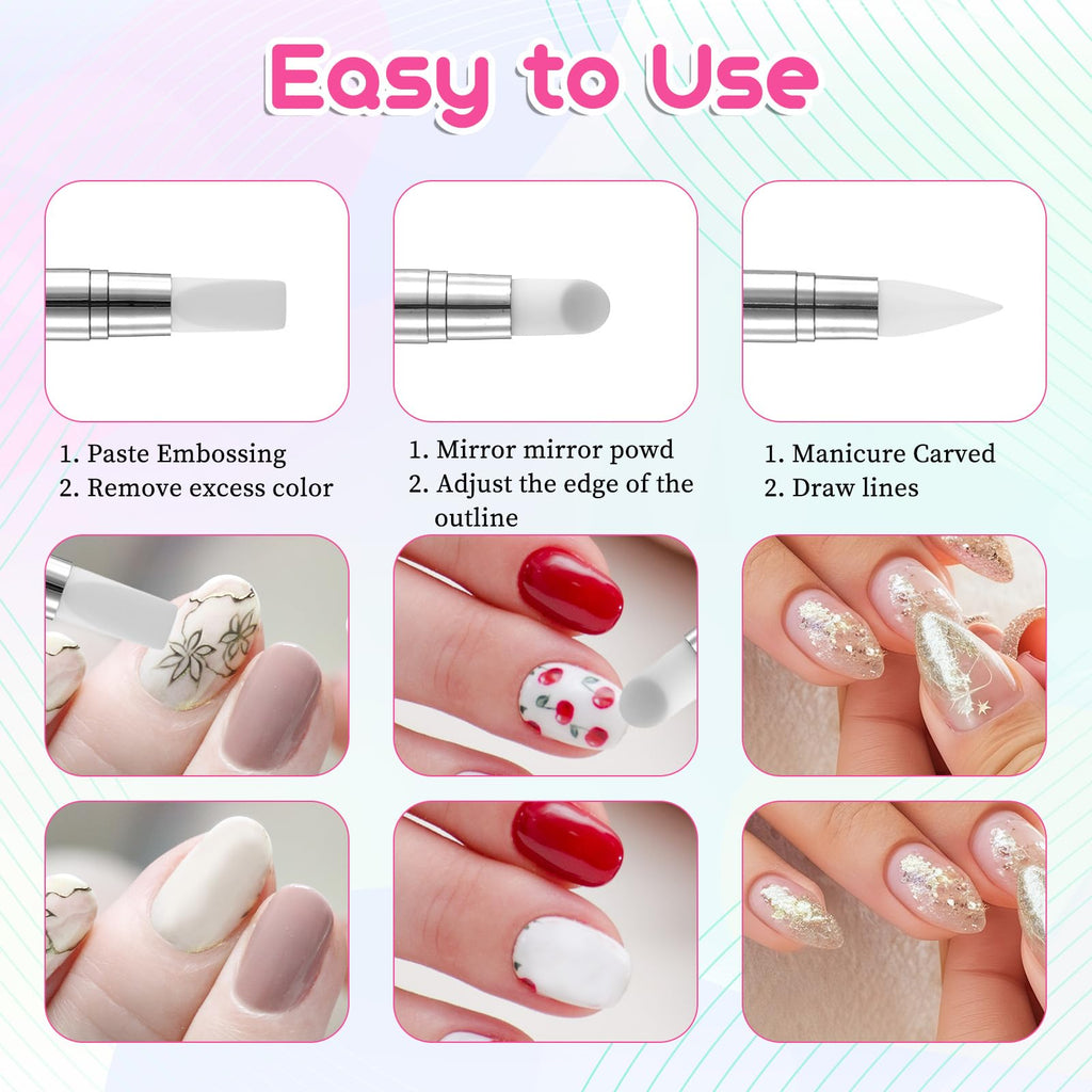 3 bolígrafos de escultura para arte de uñas, herramientas de uñas de silicona de doble punta, cabeza de silicona, pinceles de arte de uñas con mango acrílico, bolígrafo de tallado de esmalte de uñas | Silicone Head Acrylic Handle Nail Art Brushes, Rhinest