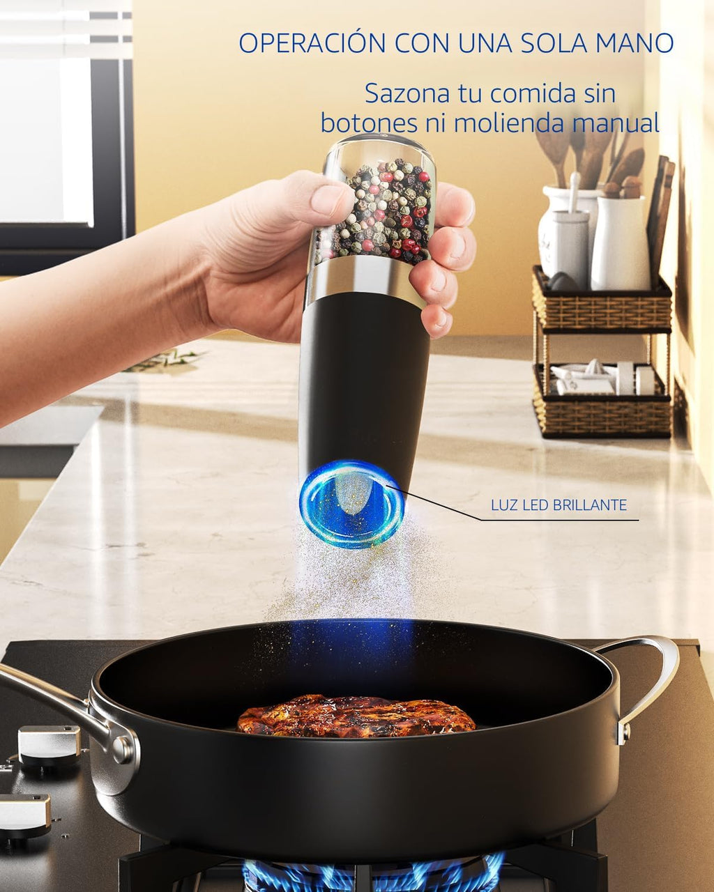 CIRCLE JOY Gravity - Juego de molinillo eléctrico de sal y pimienta con luz LED, funciona con pilas, grosor ajustable, gran capacidad, para el hogar, cocina, barbacoa