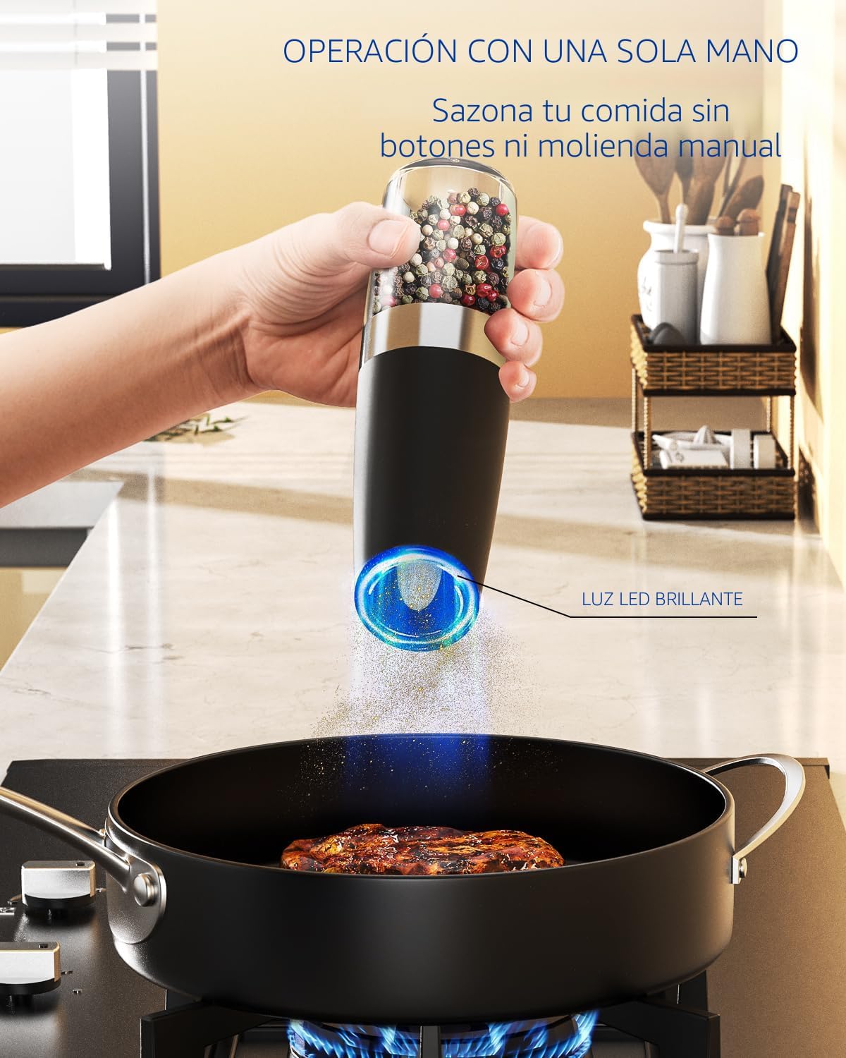 CIRCLE JOY Gravity - Juego de molinillo eléctrico de sal y pimienta con luz LED, funciona con pilas, grosor ajustable, gran capacidad, para el hogar, cocina, barbacoa