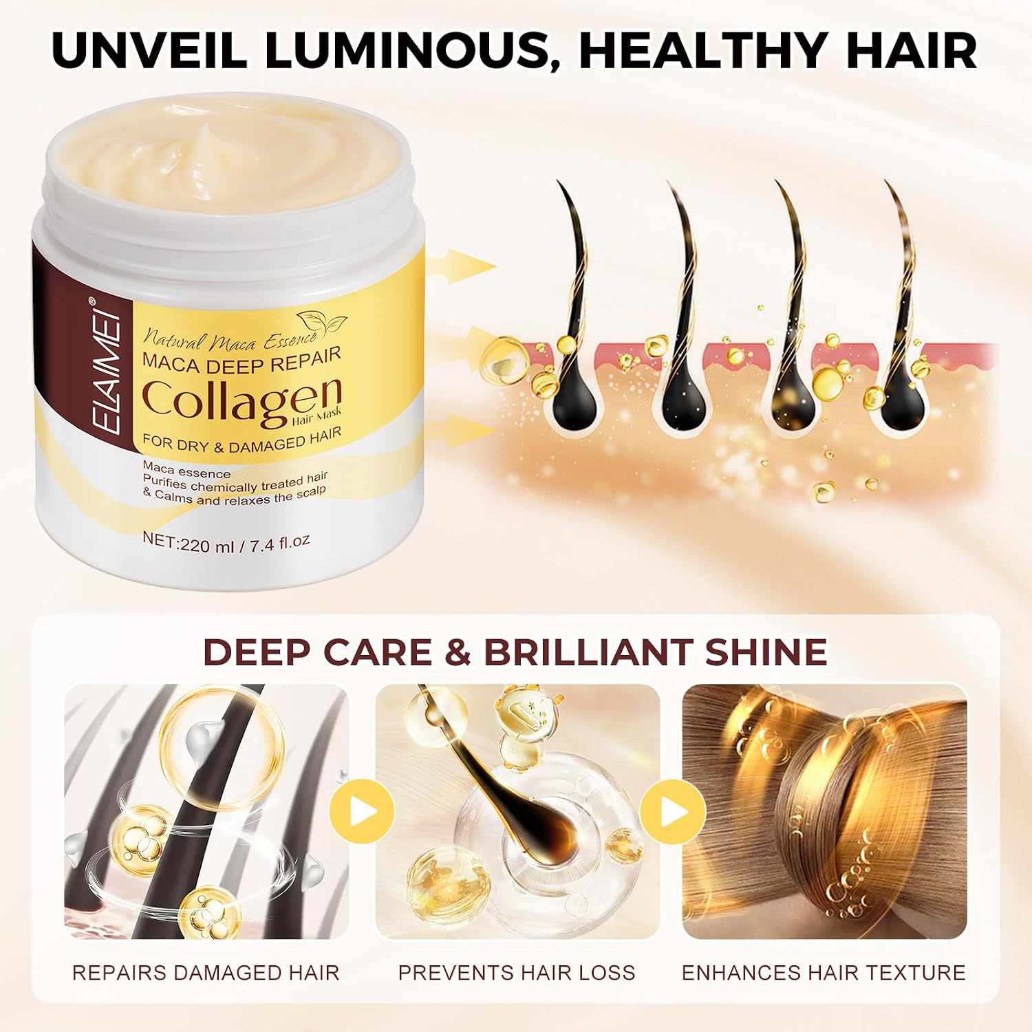 Collagen Hair Treatment Mask, Deep Repair Conditioning Hair Mask with Collagen, Maca, Avocado Oil for All Hair Types, 7.4 FL OZ