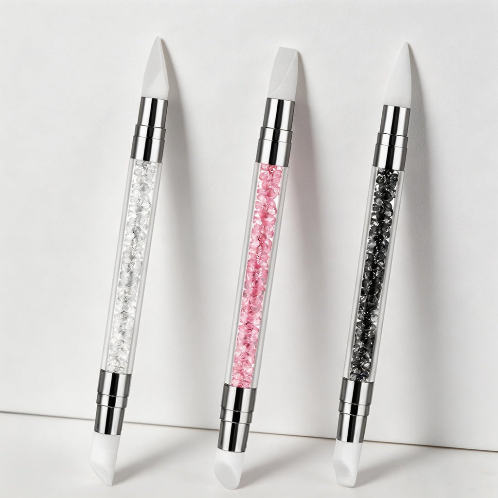 3 bolígrafos de escultura para arte de uñas, herramientas de uñas de silicona de doble punta, cabeza de silicona, pinceles de arte de uñas con mango acrílico, bolígrafo de tallado de esmalte de uñas | Silicone Head Acrylic Handle Nail Art Brushes, Rhinest