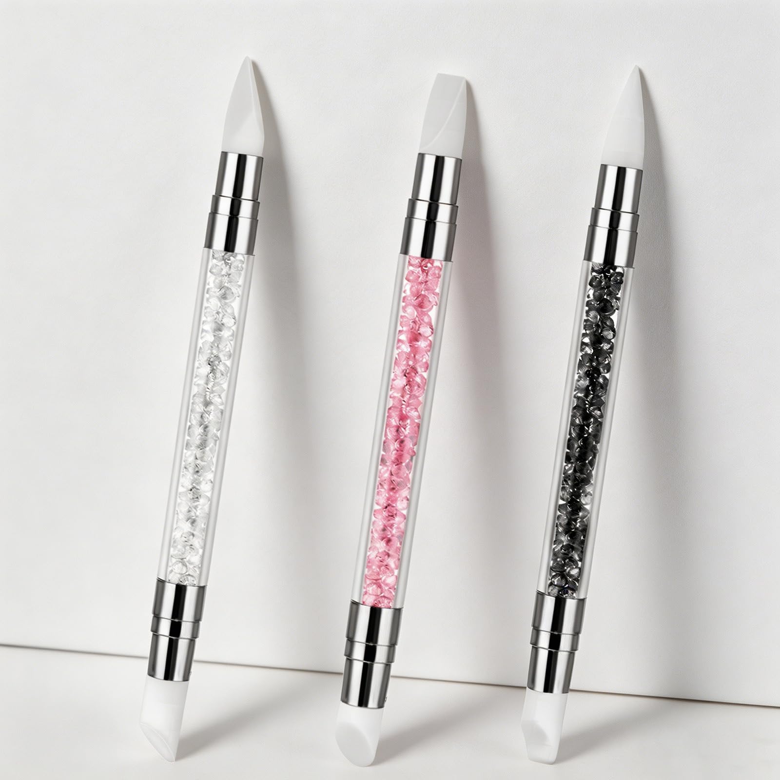 3 bolígrafos de escultura para arte de uñas, herramientas de uñas de silicona de doble punta, cabeza de silicona, pinceles de arte de uñas con mango acrílico, bolígrafo de tallado de esmalte de uñas | Silicone Head Acrylic Handle Nail Art Brushes, Rhinest