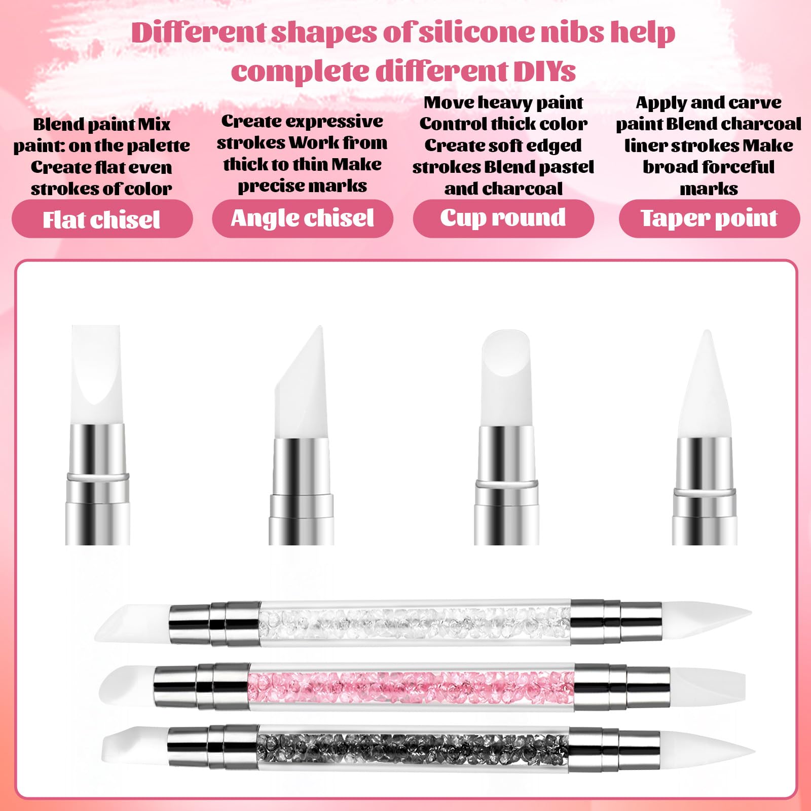 3 bolígrafos de escultura para arte de uñas, herramientas de uñas de silicona de doble punta, cabeza de silicona, pinceles de arte de uñas con mango acrílico, bolígrafo de tallado de esmalte de uñas | Silicone Head Acrylic Handle Nail Art Brushes, Rhinest